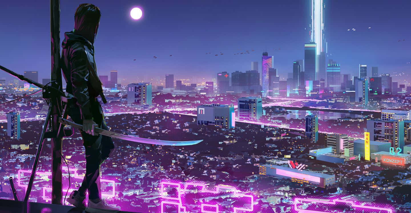 cyberpunk cityscape, neon-drenched, glowing moon, HD Desktop Wallpaper