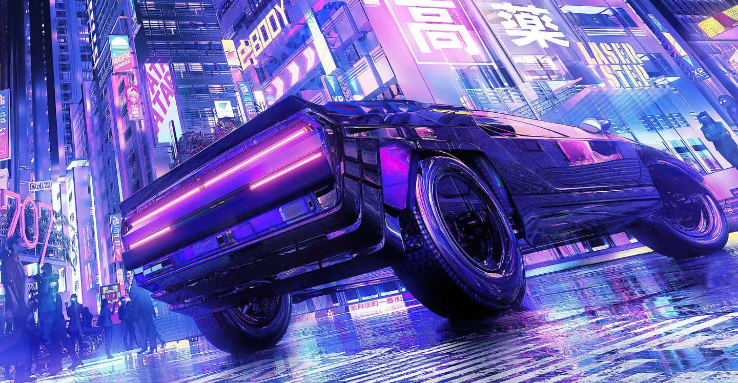 cyberpunk cityscape, neon-drenched, sleek black sports car, HD Desktop Wallpaper