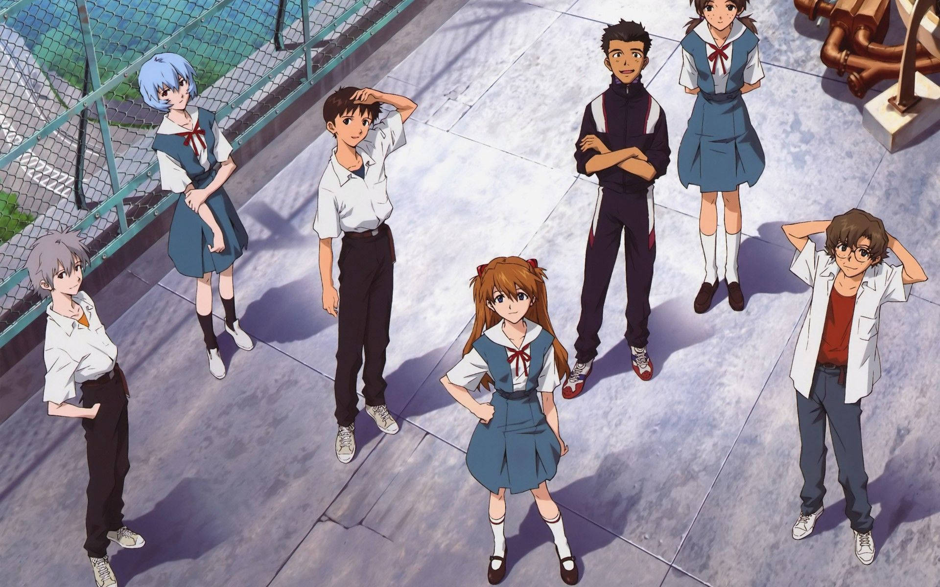 Neon Genesis Evangelion, school uniforms, Seven anime teens, Full HD Desktop Wallpaper