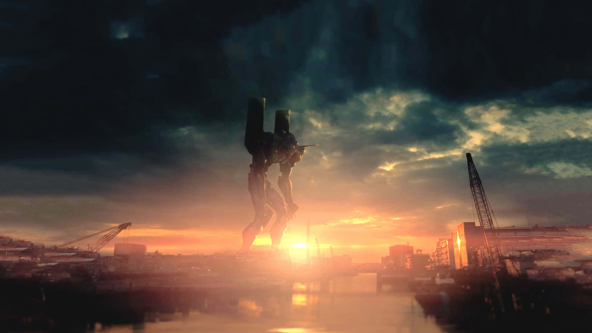 Neon Genesis Evangelion, giant biomechanical creature, fiery sunset, Full HD Desktop Wallpaper