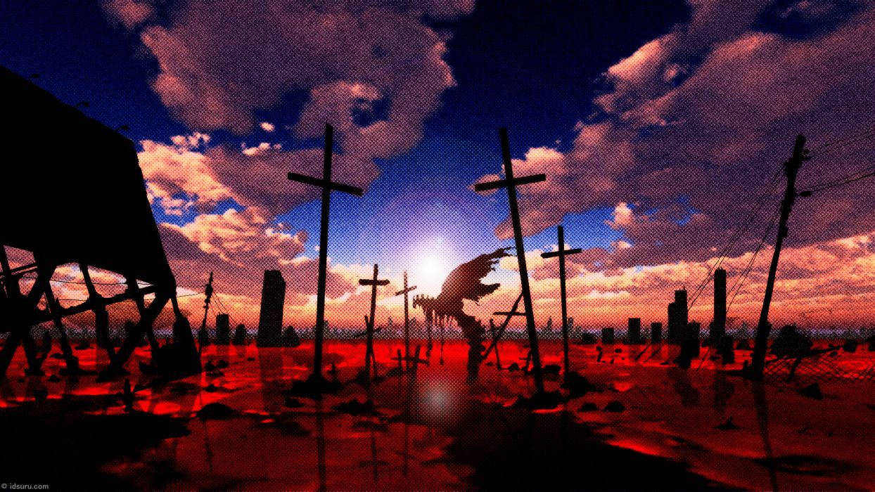 Neon Genesis Evangelion, silhouetted crosses, fiery red and blue sunset sky, SD Desktop Wallpaper