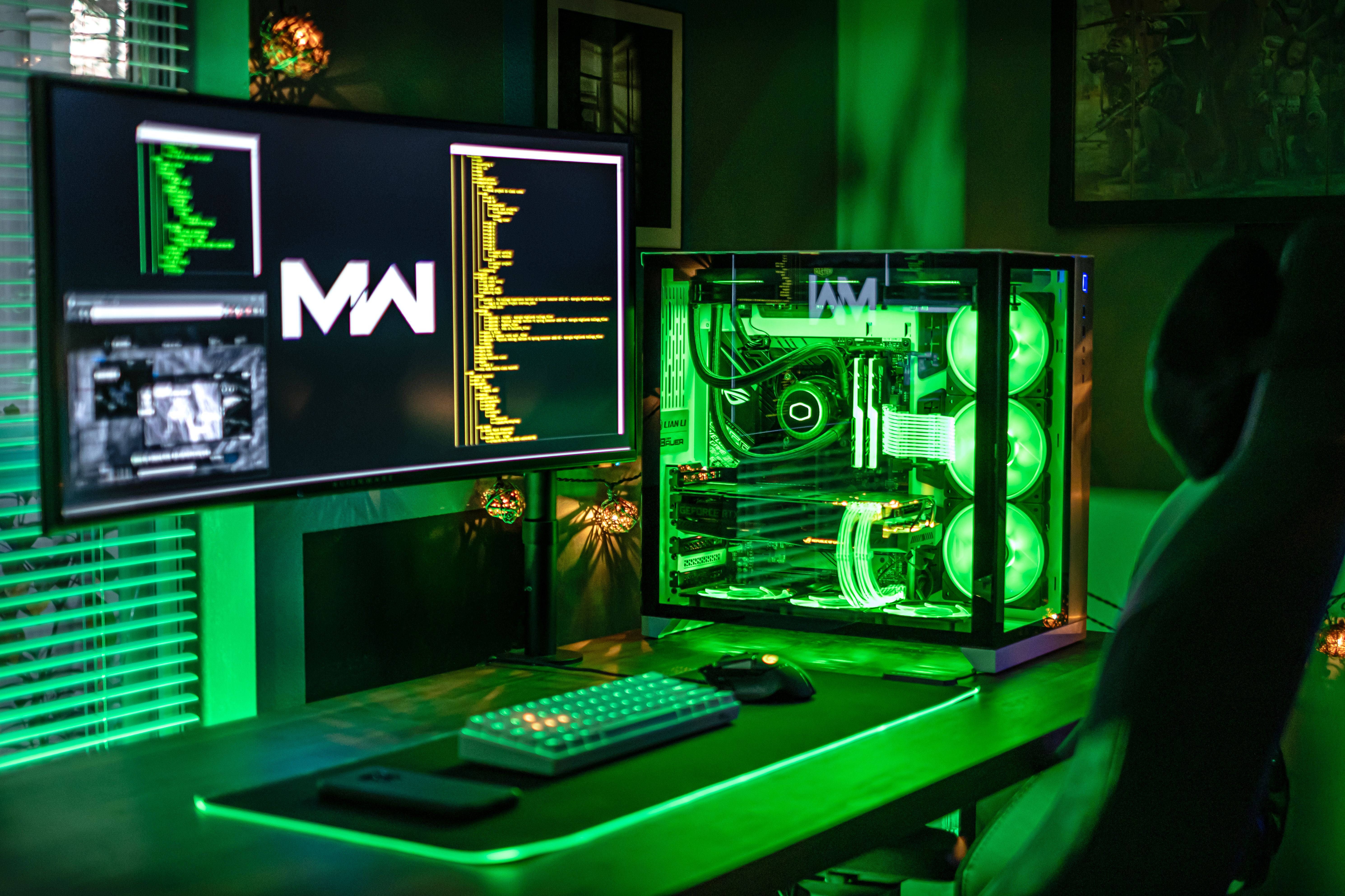 gaming room, green lights, transparent PC case, 5K Desktop Wallpaper