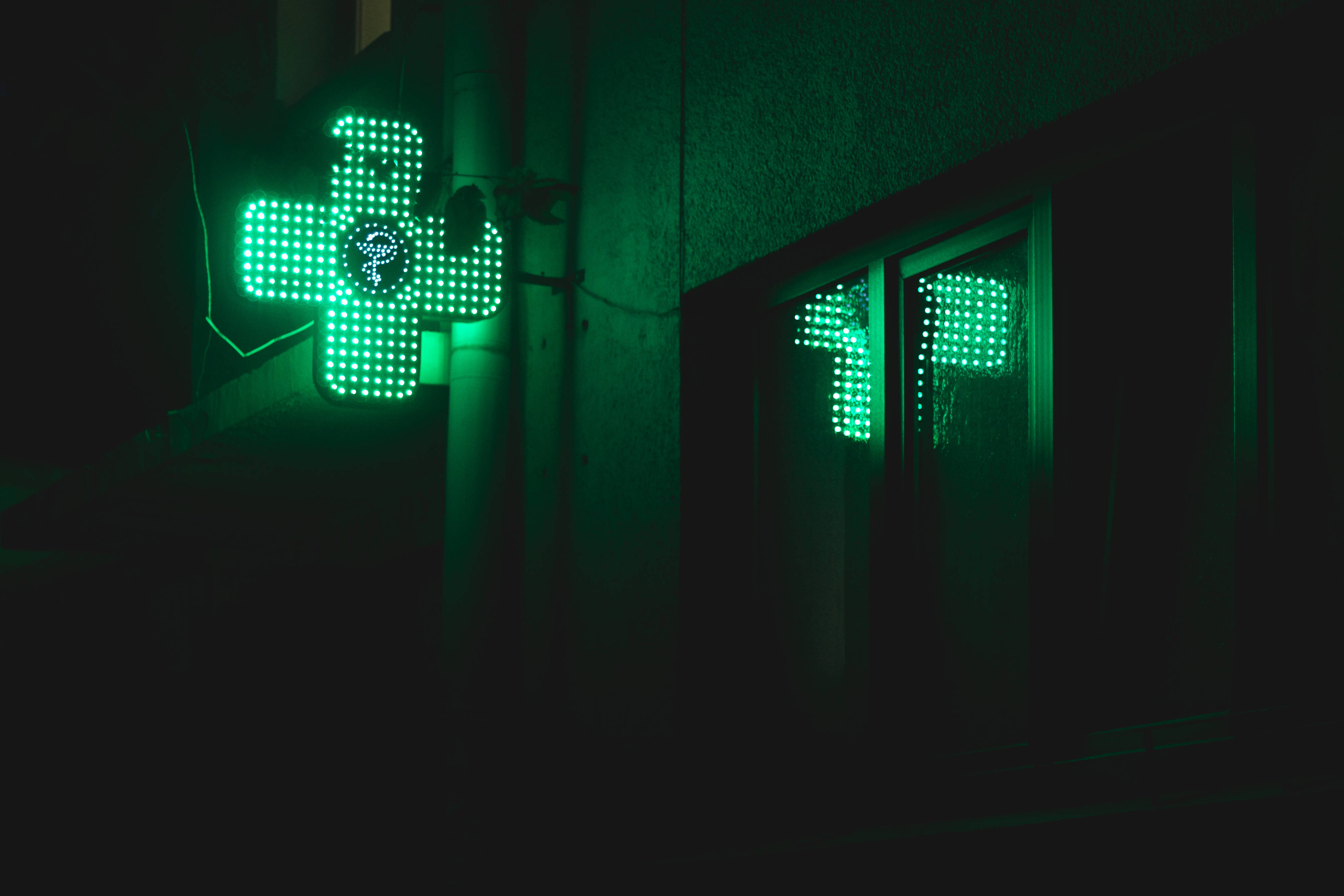neon light green aesthetic, green LED cross sign, dark building wall, 4K Desktop Wallpaper