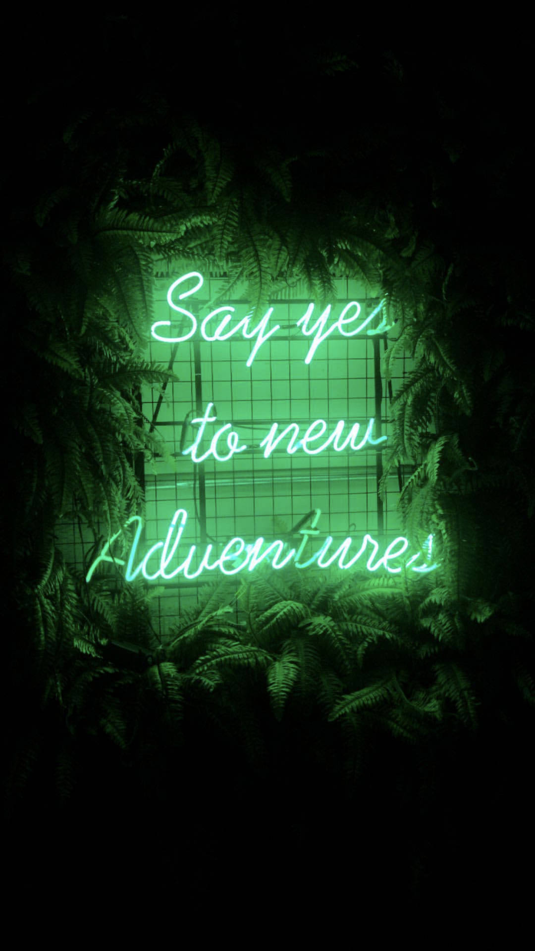 Say yes to new Adventures, neon sign, glowing green, Full HD Phone Wallpaper