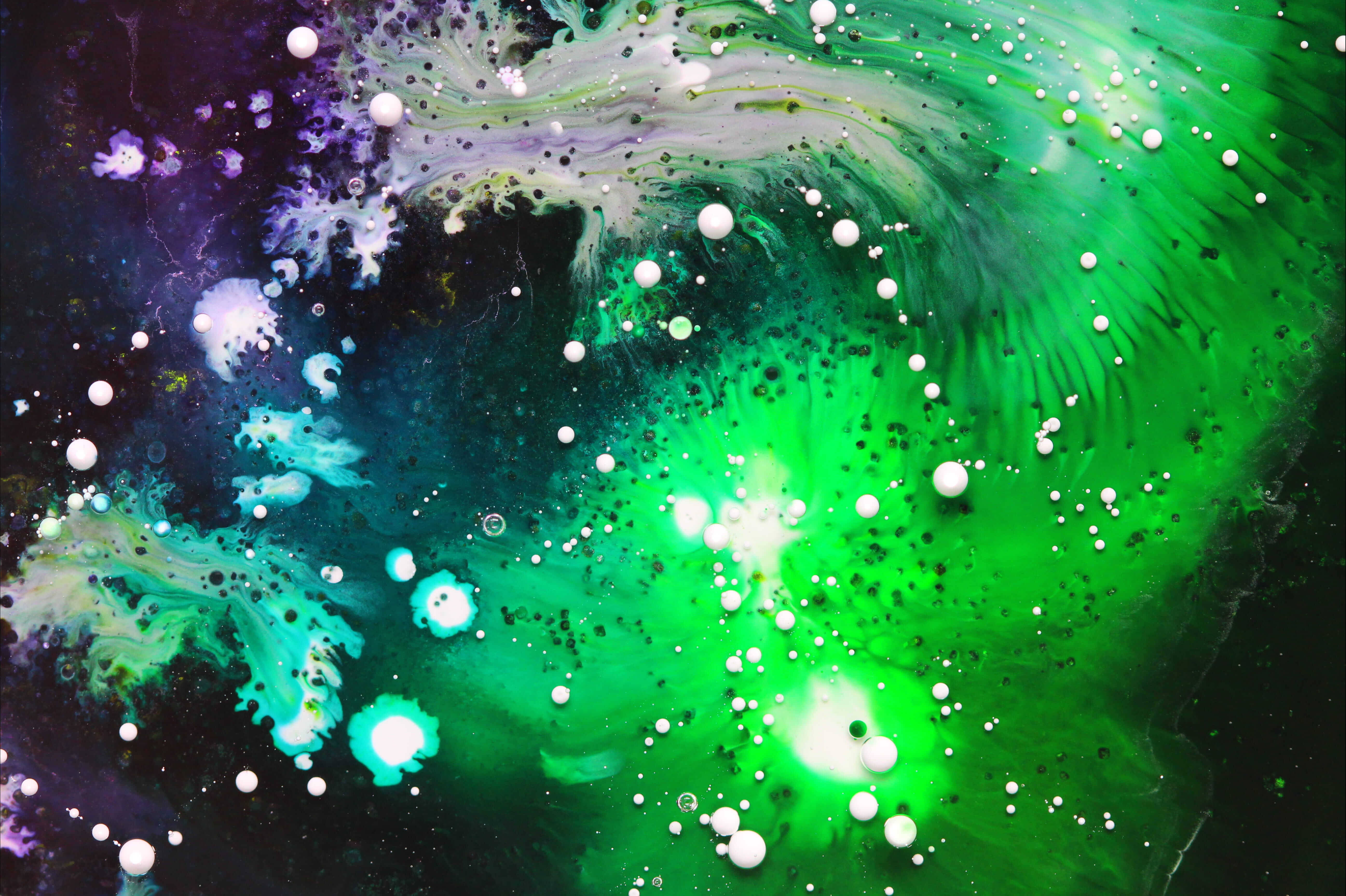 Neon Green, vibrant green, purple abstract paint swirls, 5K Desktop Wallpaper