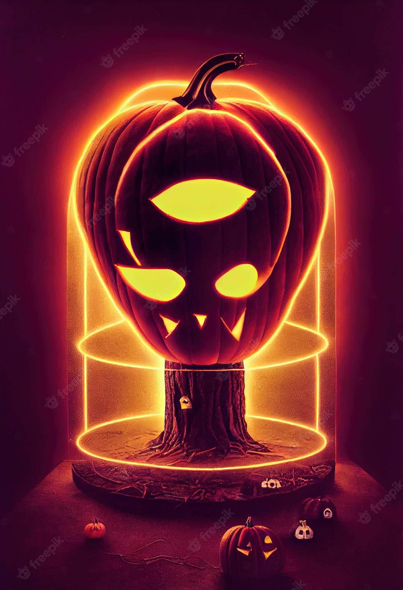 Neon Halloween, glowing jack-o'-lantern, glowing eyes, Full HD Phone Wallpaper