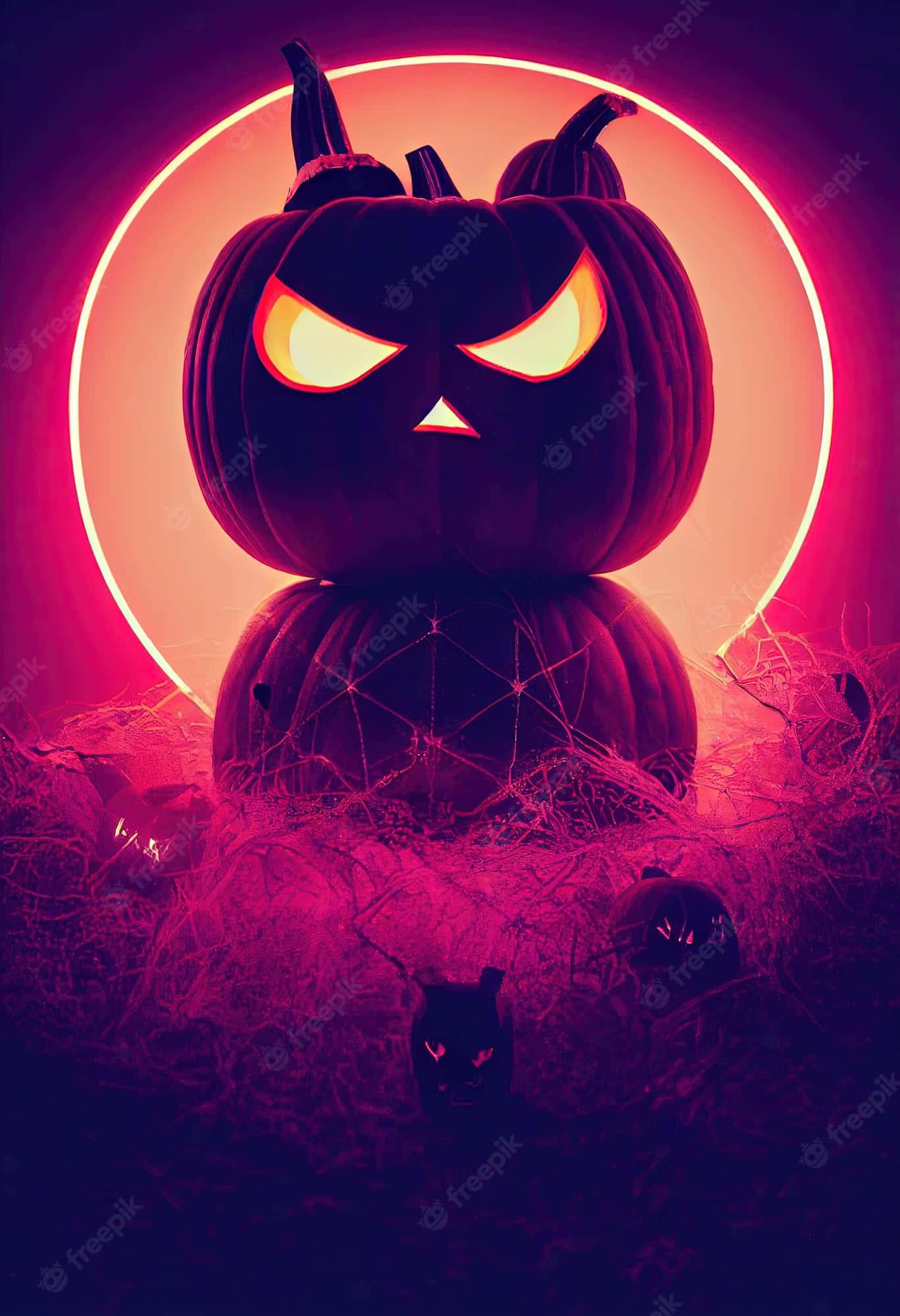 Neon Halloween, glowing jack-o-lantern, neon pink circular backdrop, Full HD Phone Wallpaper