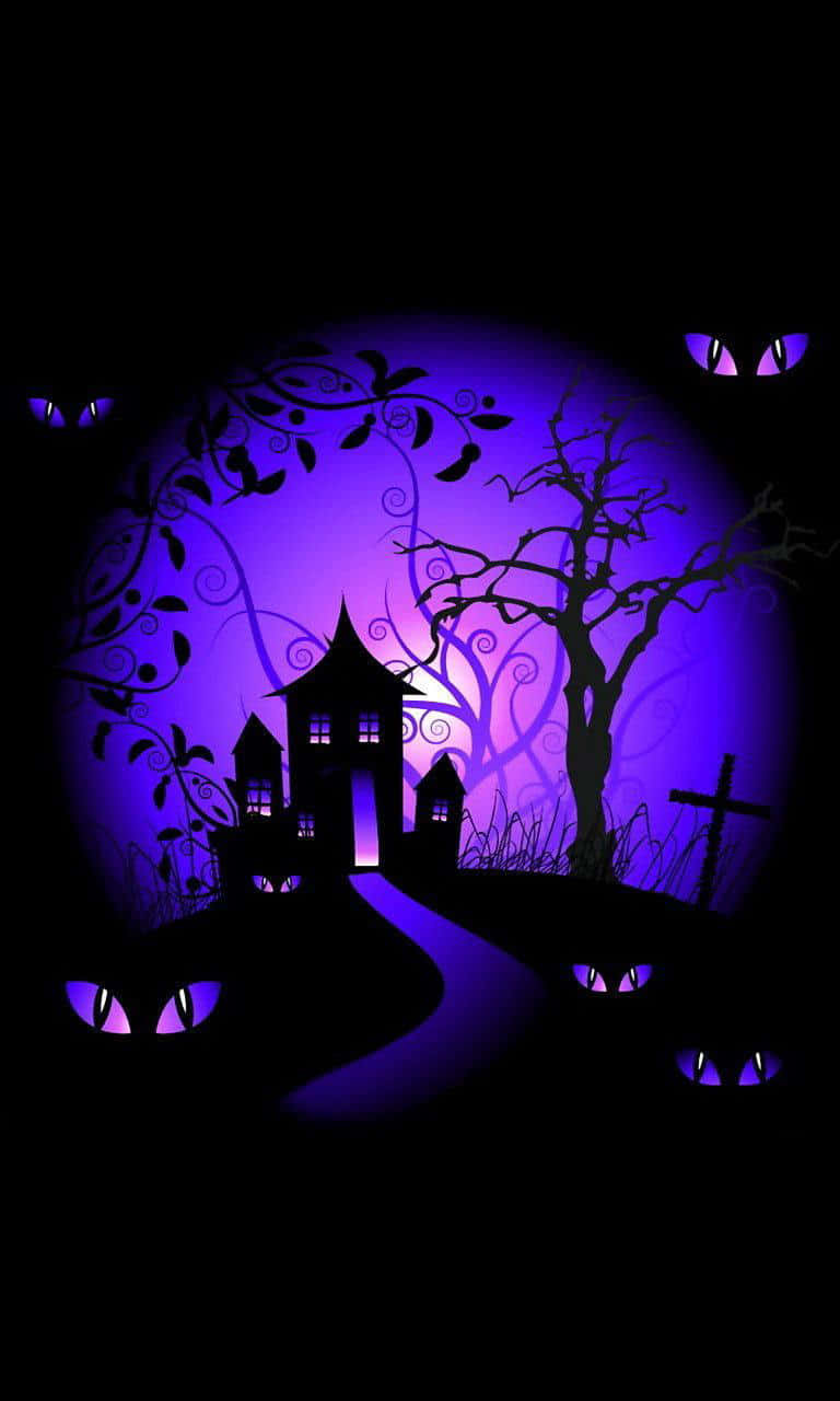 Neon Halloween, Purple Neon Halloween Moon, haunted house silhouette, HD Phone Wallpaper