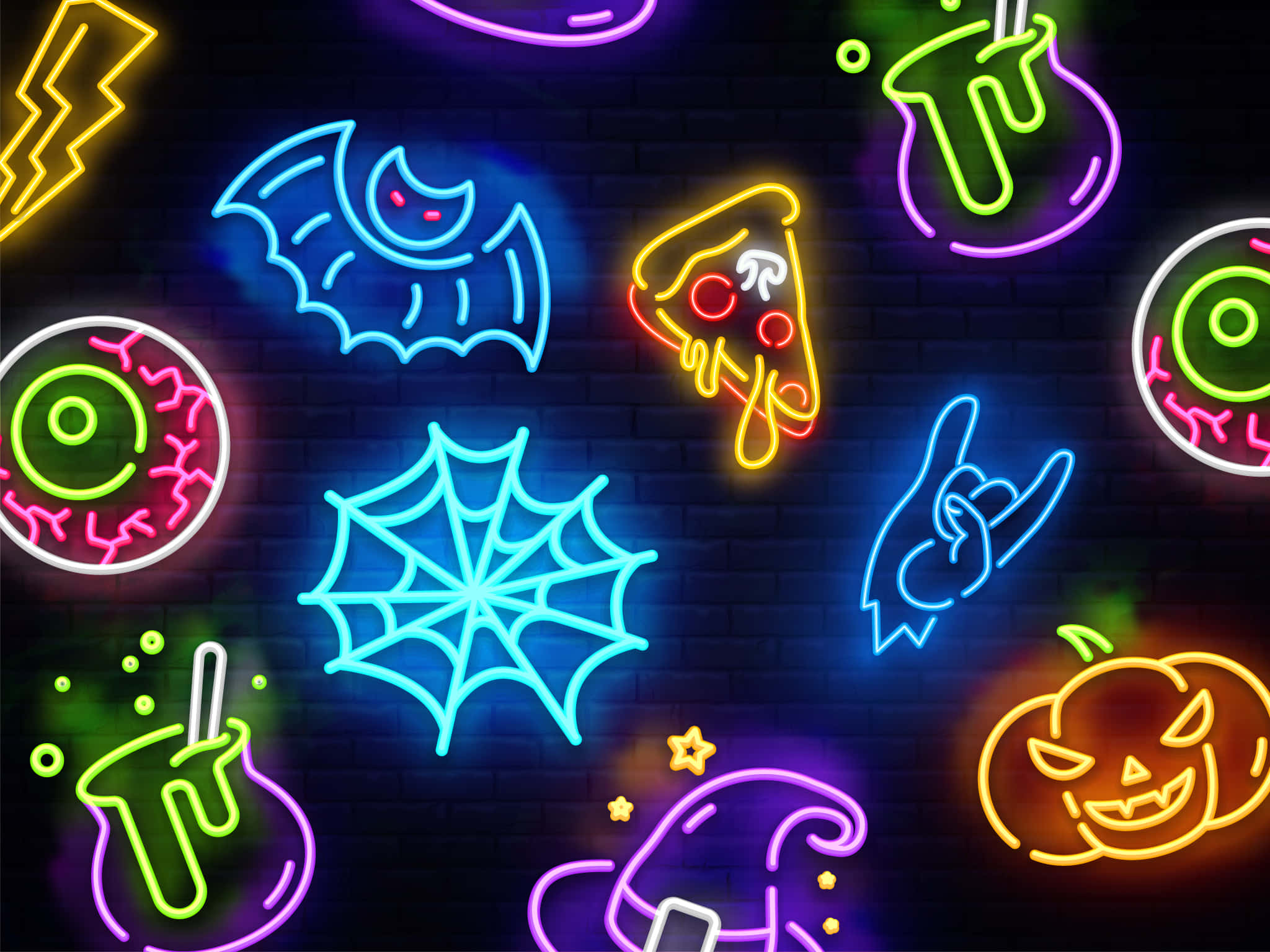 Neon Halloween, vibrant neon, Halloween symbols, Full HD Desktop Wallpaper