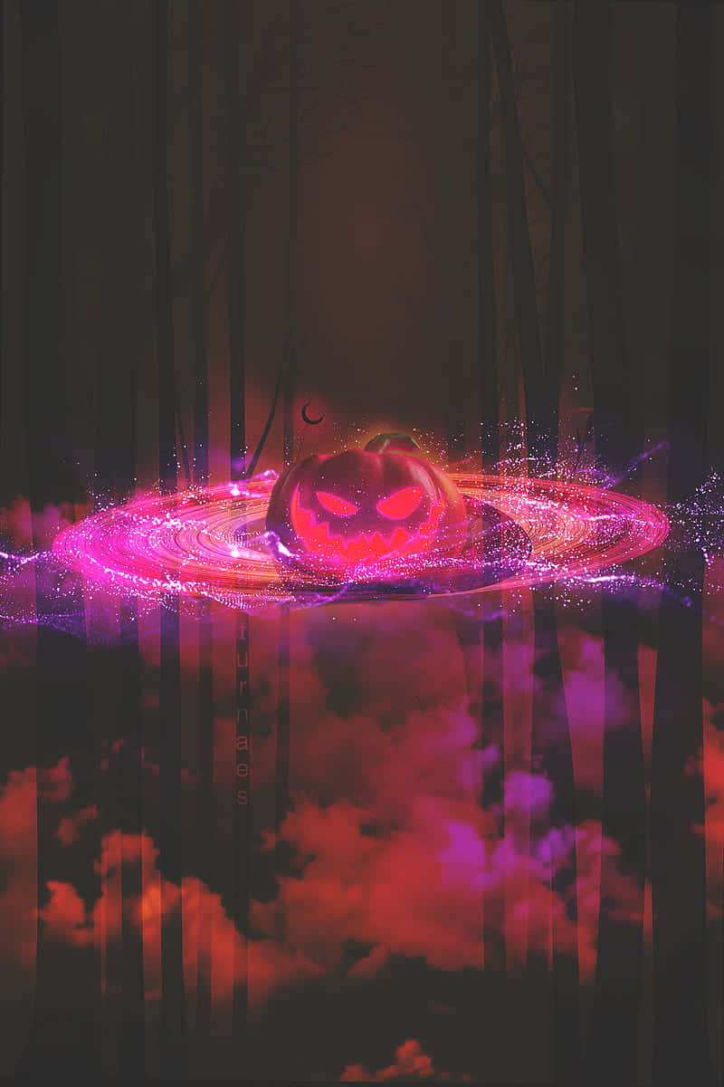 Neon Halloween, glowing jack-o'-lantern, dark forest, SD Phone Wallpaper