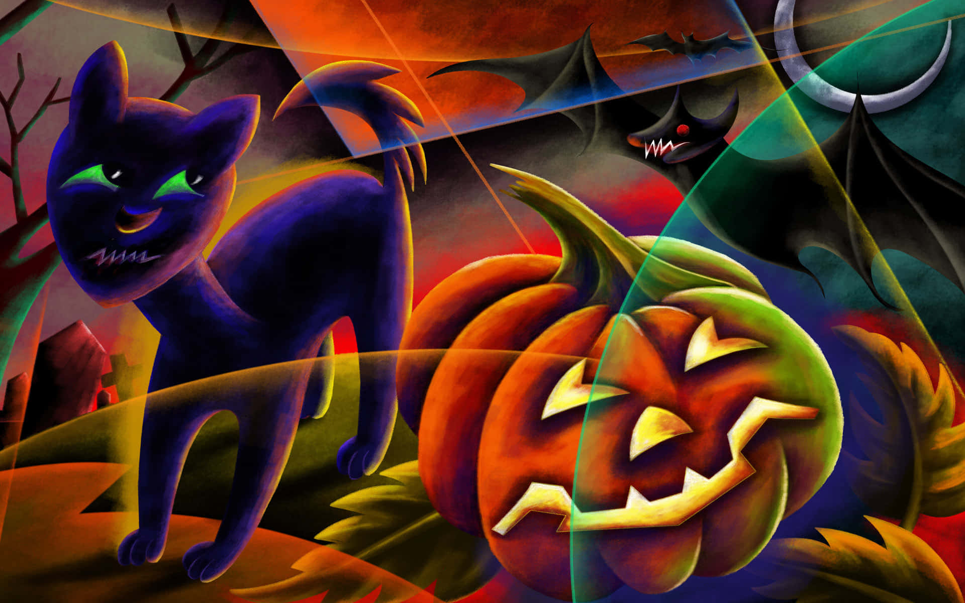 Neon Halloween, purple cat, green eyes, Full HD Desktop Wallpaper
