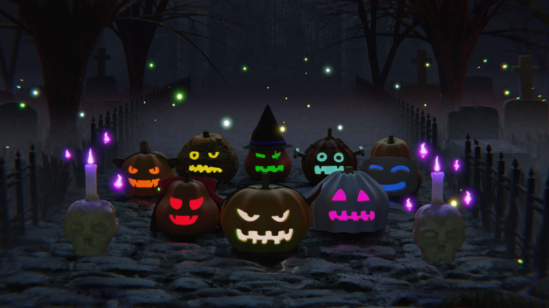 Neon Halloween, jack-o'-lanterns, misty graveyard, Full HD Desktop Wallpaper