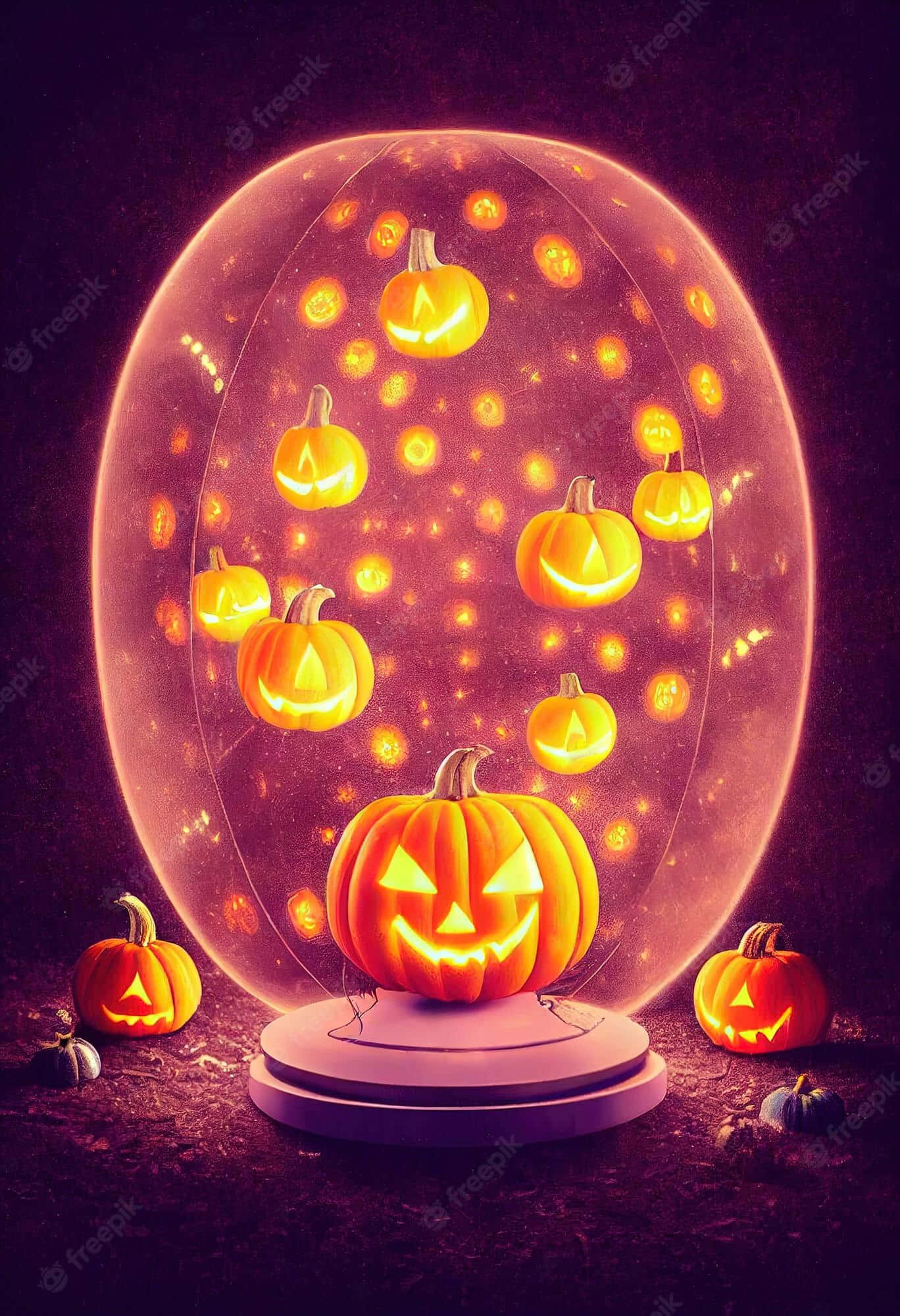 Neon Halloween, glowing Halloween snow globe, jack-o'-lanterns, Full HD Phone Wallpaper