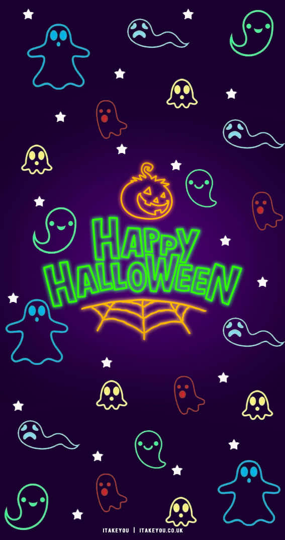 Neon Halloween, neon Halloween ghosts, jack-o-lantern, SD Phone Wallpaper