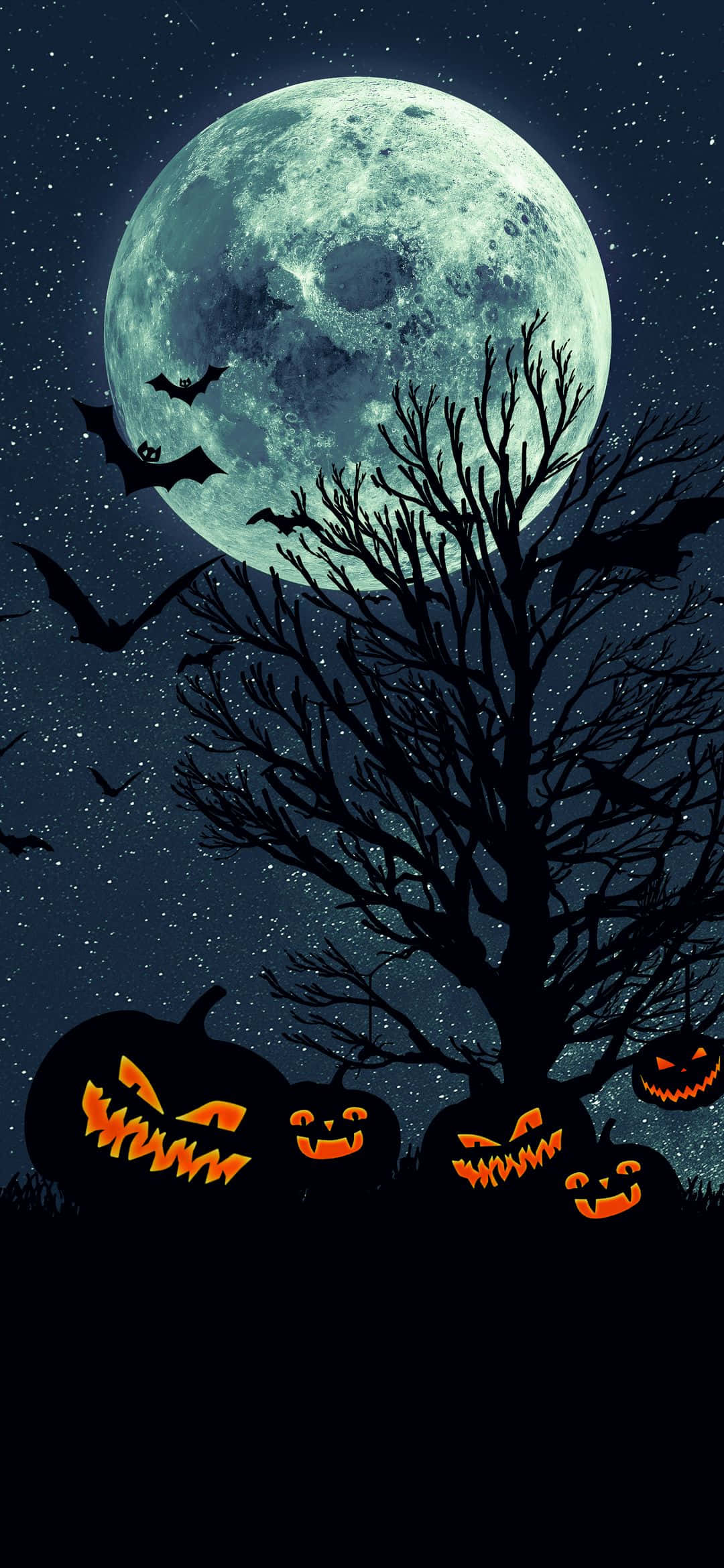 Neon Halloween, glowing jack-o'-lanterns, bare tree, Full HD Phone Wallpaper