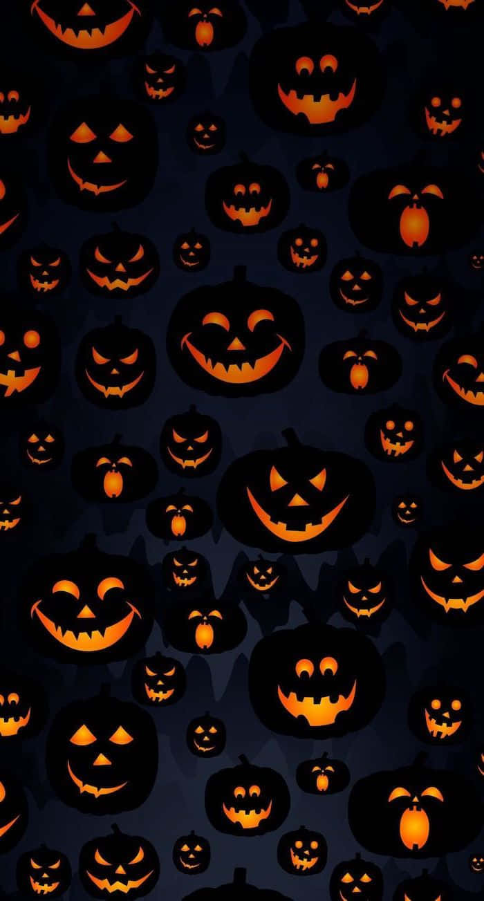 Neon Halloween, dark blue background, glowing orange jack-o'-lanterns, HD Phone Wallpaper