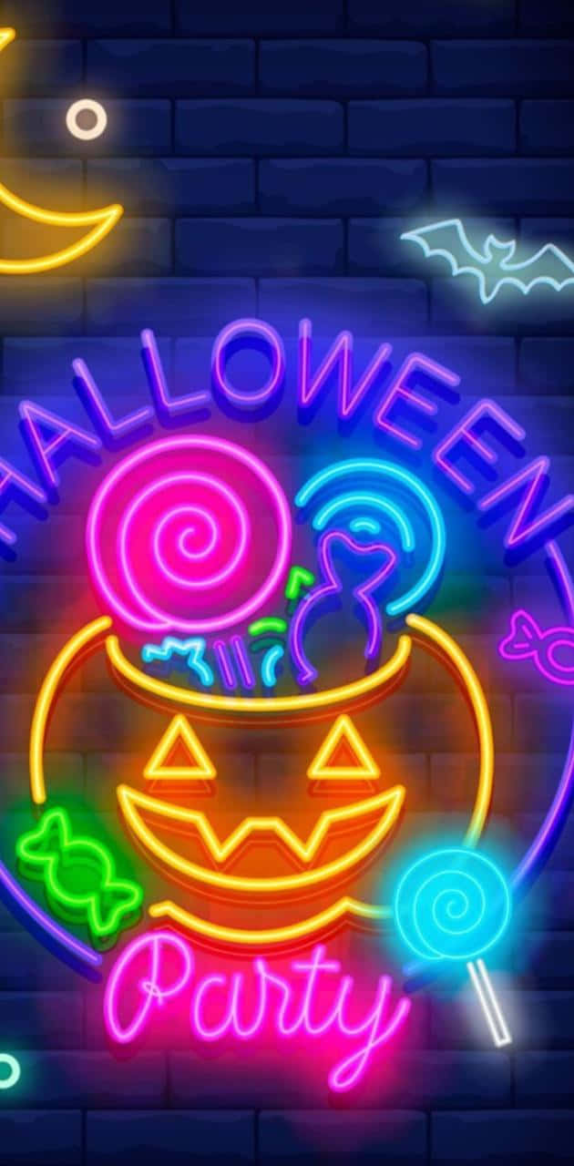Neon Halloween, vibrant neon, dark brick wall, HD Phone Wallpaper