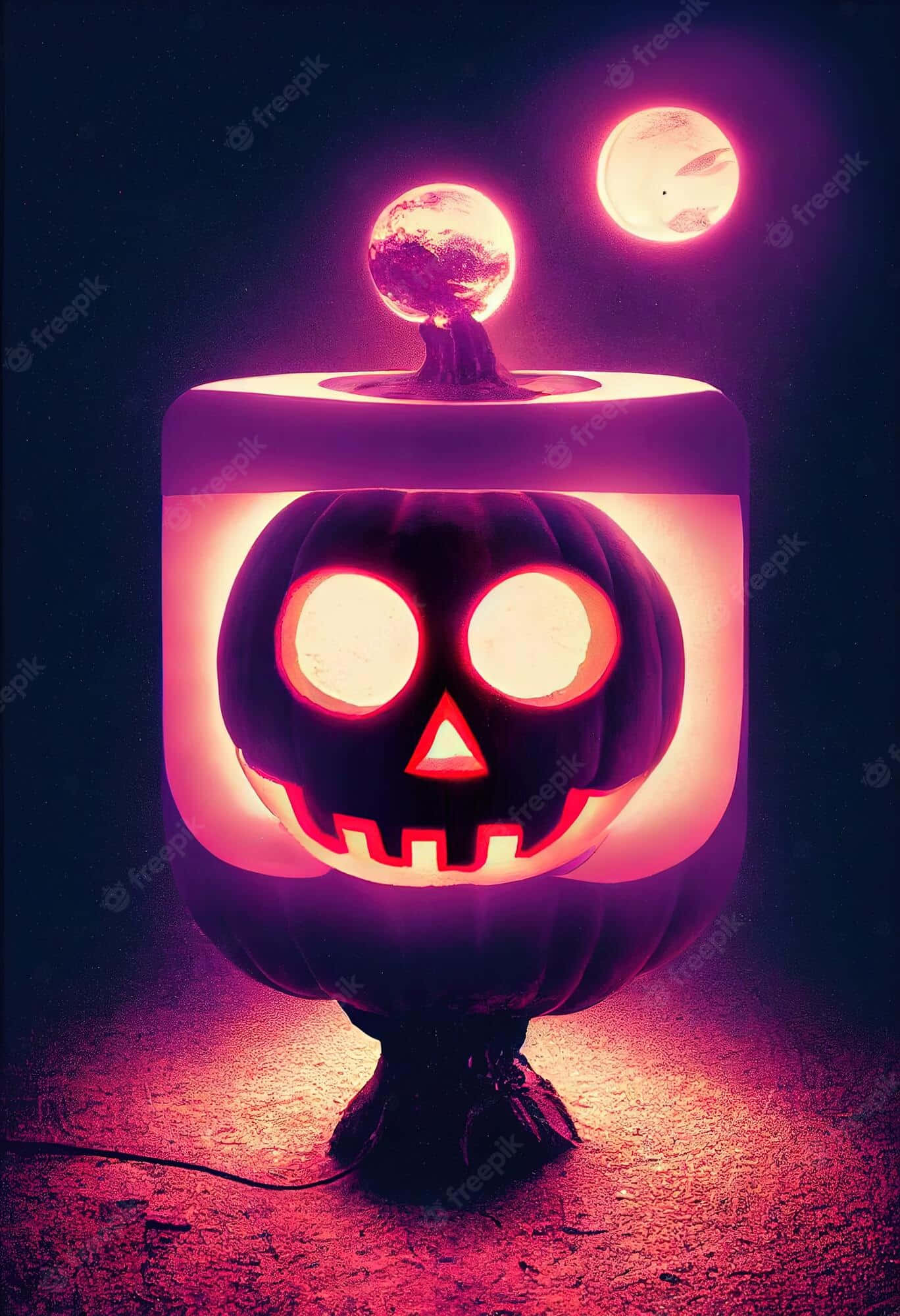 Neon Halloween, jack-o'-lantern lamp, pink moons, Full HD Phone Wallpaper
