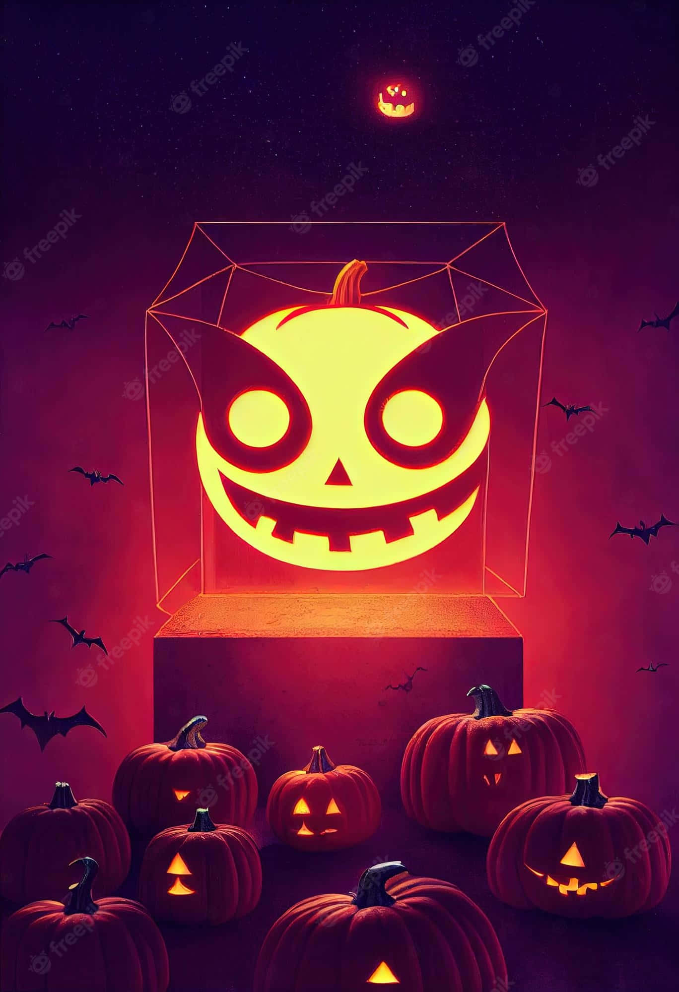 glowing jack-o'-lantern, devil horns, pedestal, Full HD Phone Wallpaper