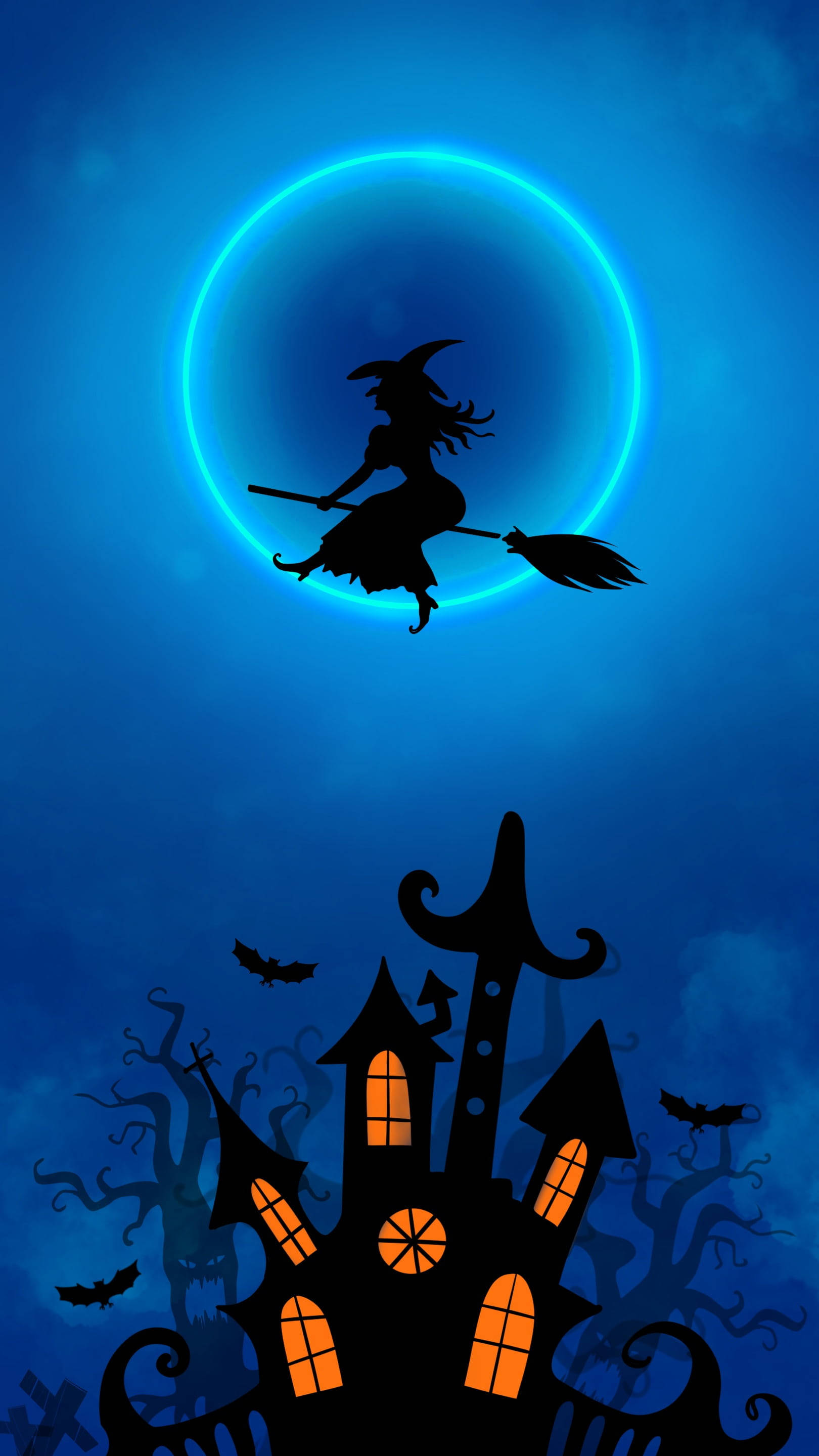 Neon Moon Halloween, glowing blue moon, spooky haunted house, 2K Phone Wallpaper