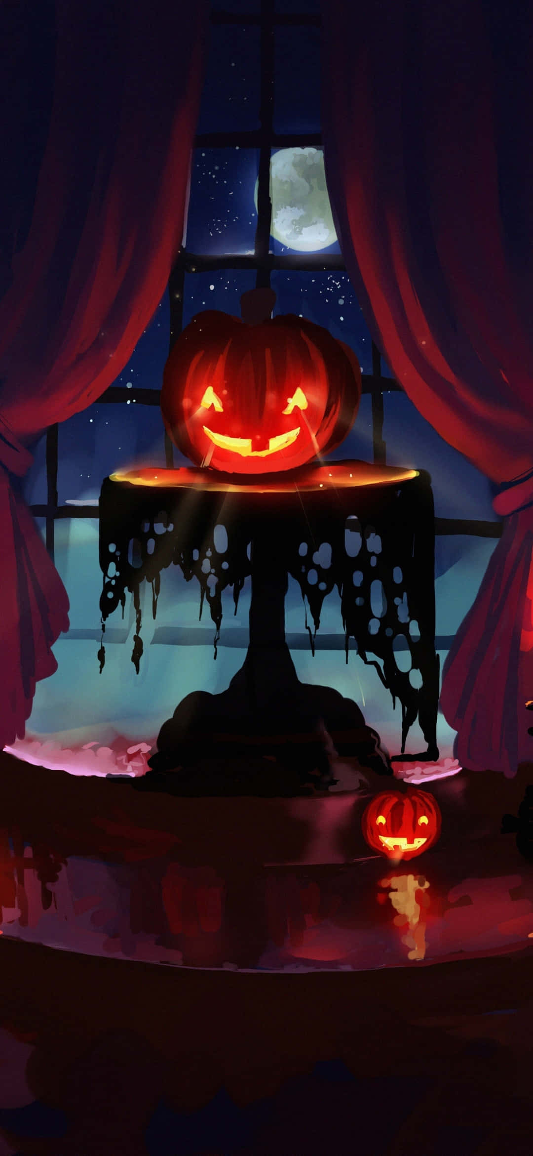 jack-o'-lantern, dripping pedestal, moonlit window, Full HD Phone Wallpaper