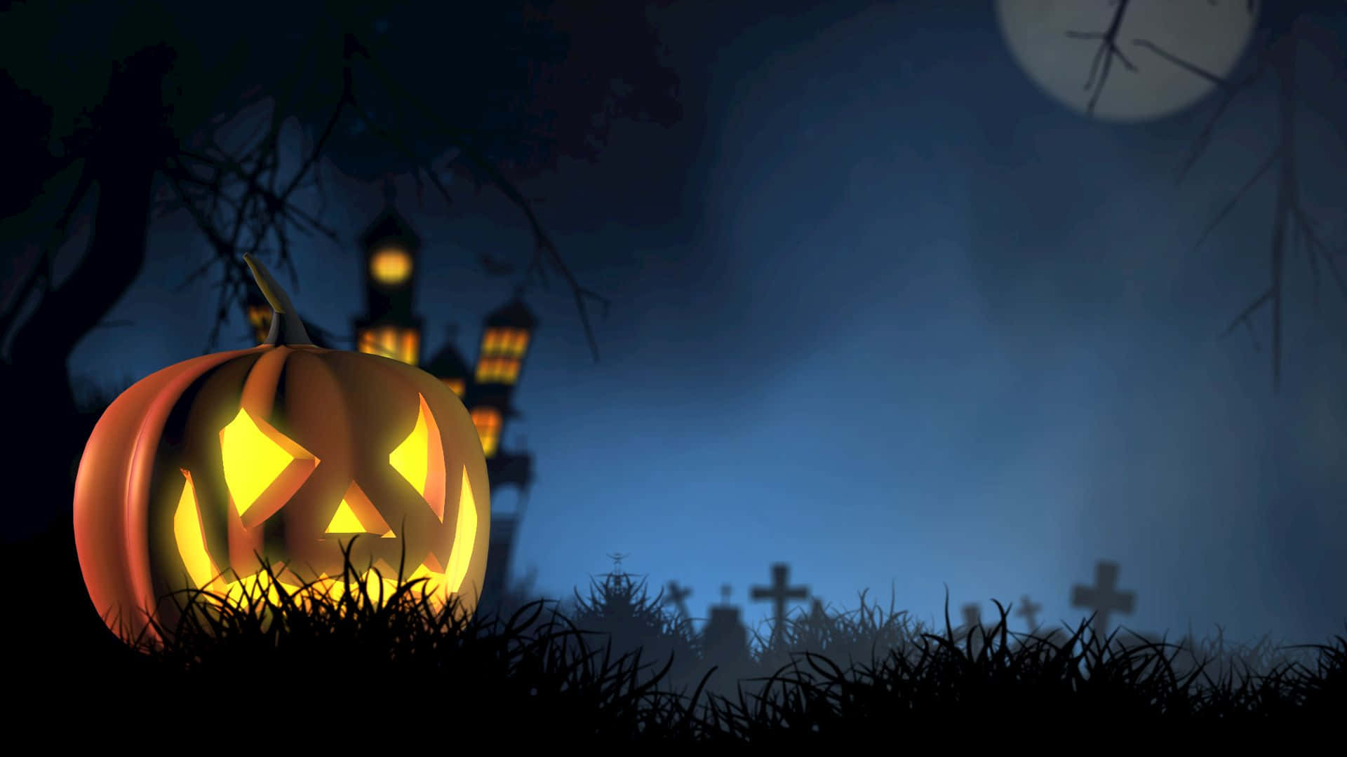 jack-o'-lantern, haunted graveyard, full moon, Full HD Desktop Wallpaper