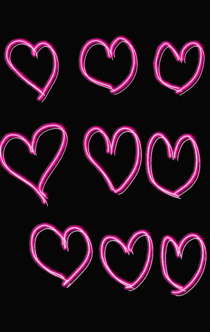 Neon Heart, pink neon hearts, white outlines, HD Phone Wallpaper