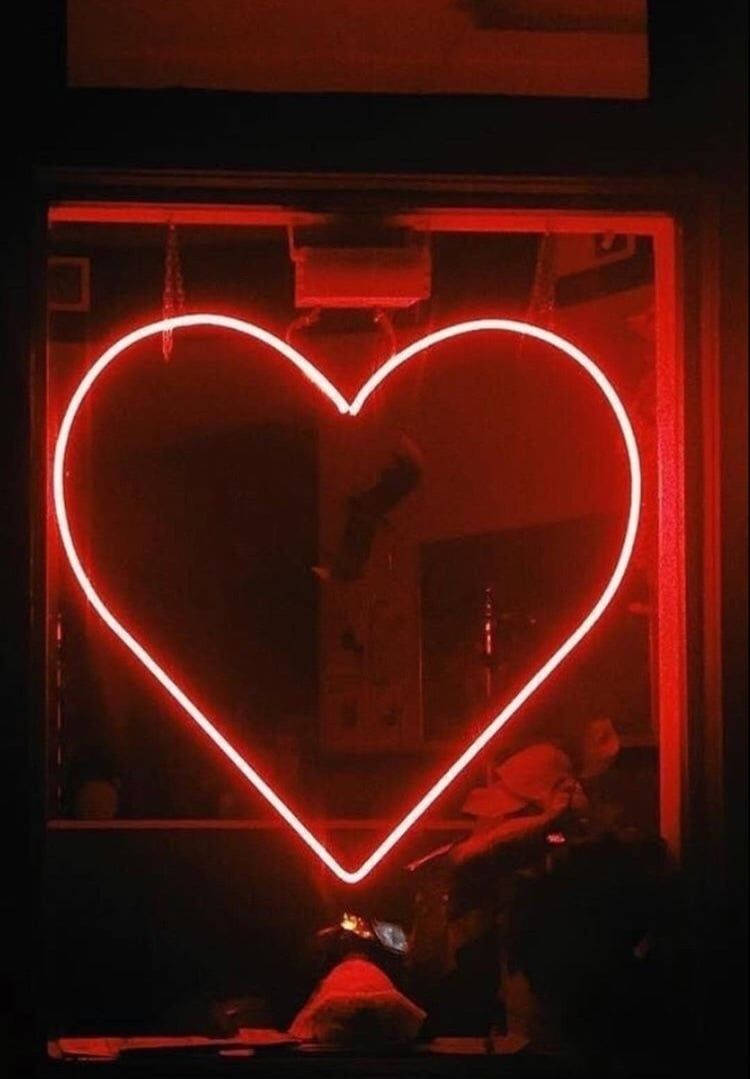 neon heart, red glowing neon heart, dark window, SD Phone Wallpaper