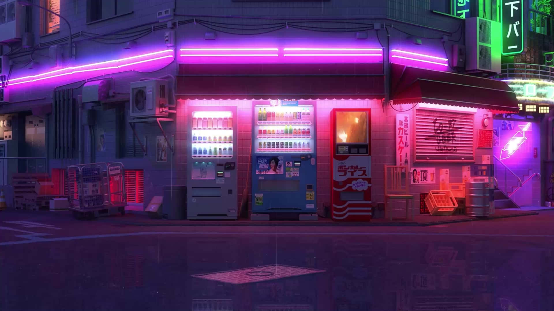 Neon-Lit House, vending machines, pink, Full HD Desktop Wallpaper