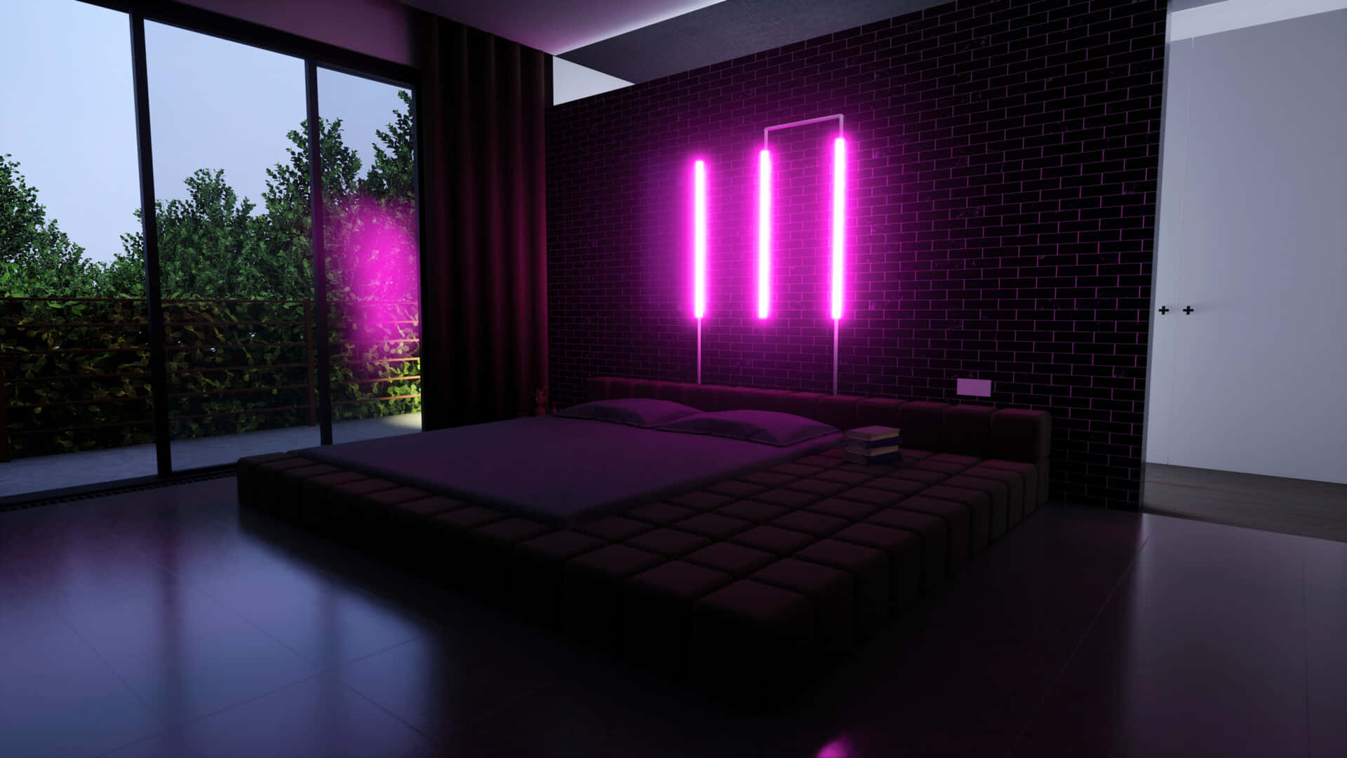 modern bedroom, low platform bed, glowing pink neon lights, Full HD Desktop Wallpaper