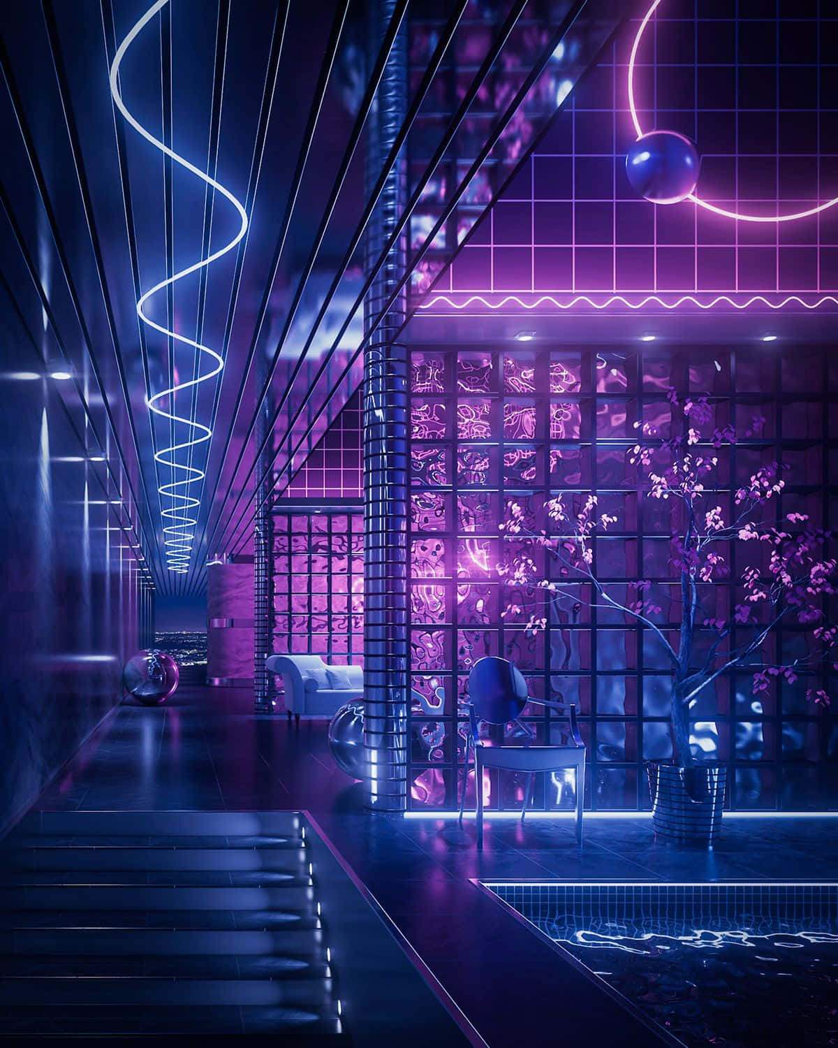 neon purple, neon blue, glowing grid walls, HD Phone Wallpaper