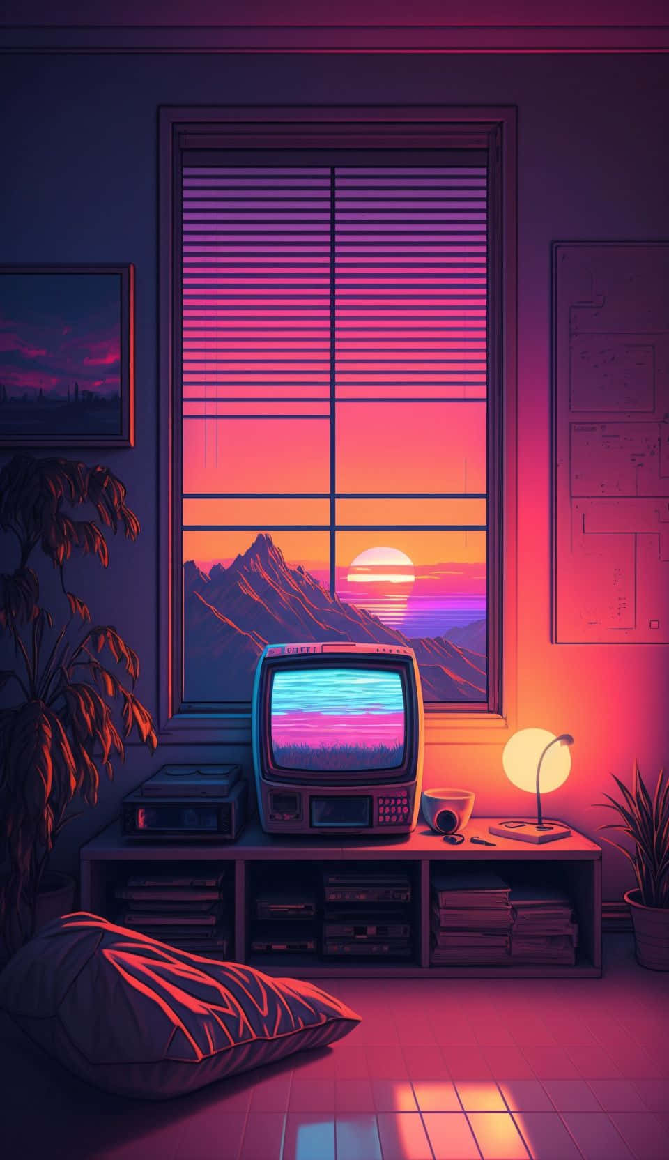 retro TV, media console, glitchy sunset over mountains, HD Phone Wallpaper