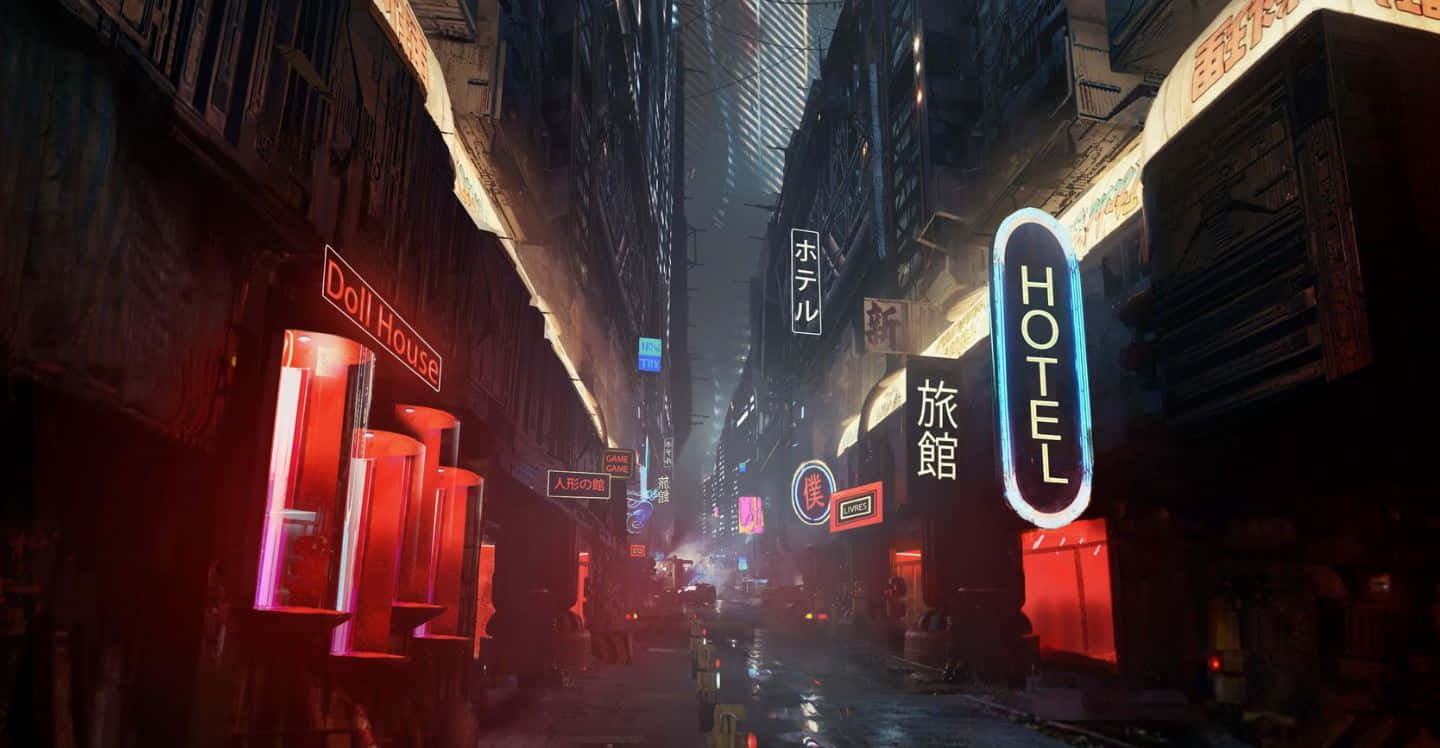 Neon House, cyberpunk city, rain-slicked alleyway, HD Desktop Wallpaper