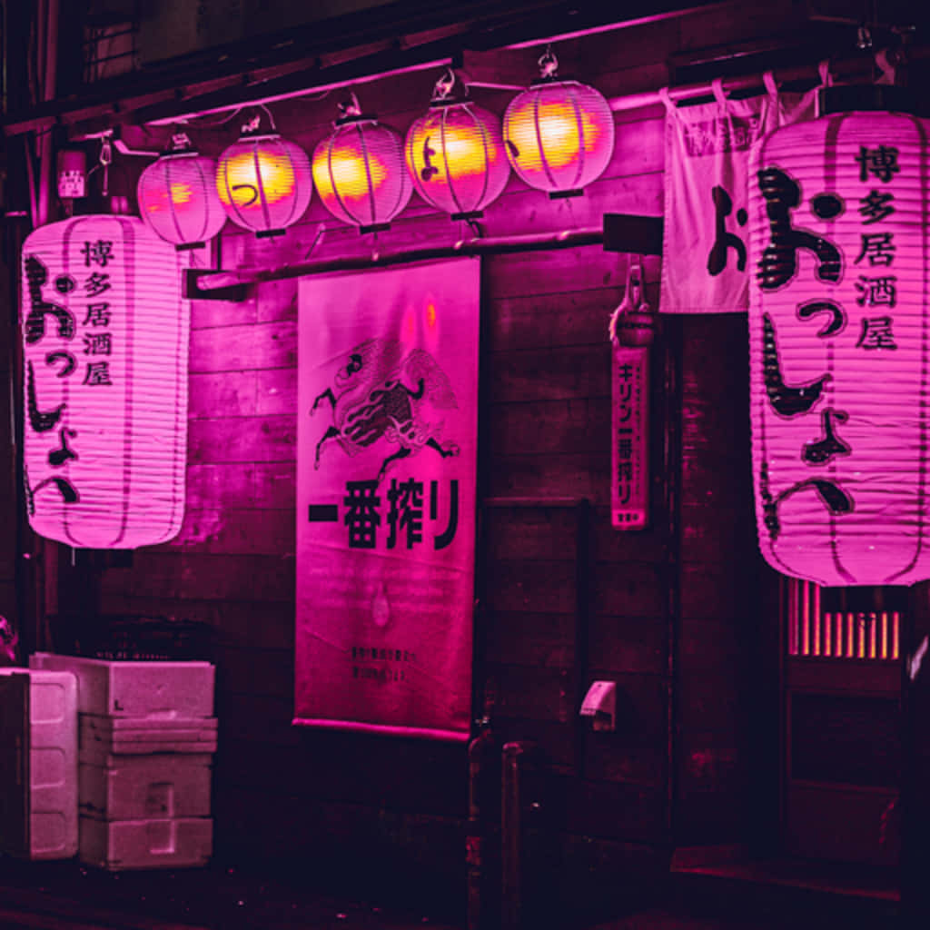 Neon House, pink lanterns, wooden facade, SD Desktop Wallpaper