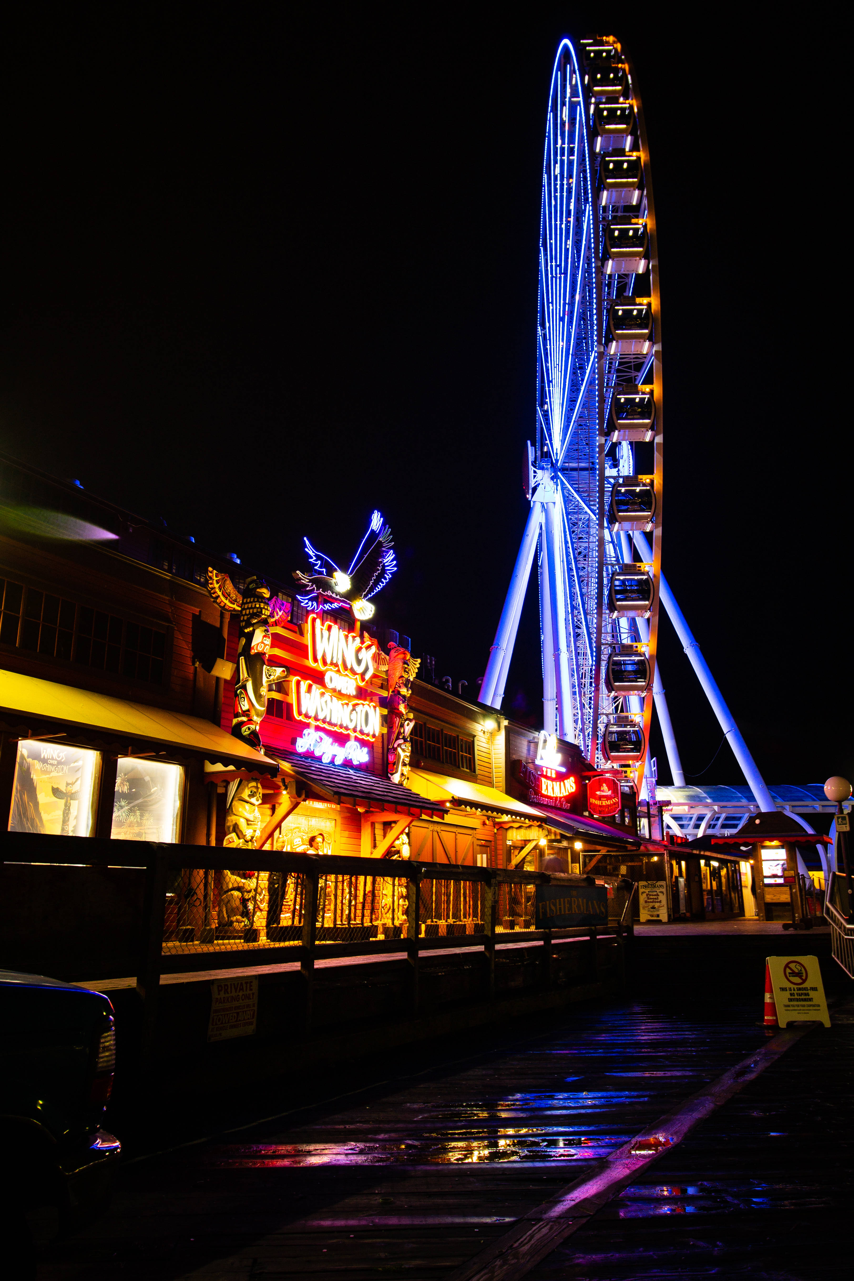 Ferris wheel, blue lights, dark night sky, 4K Phone Wallpaper