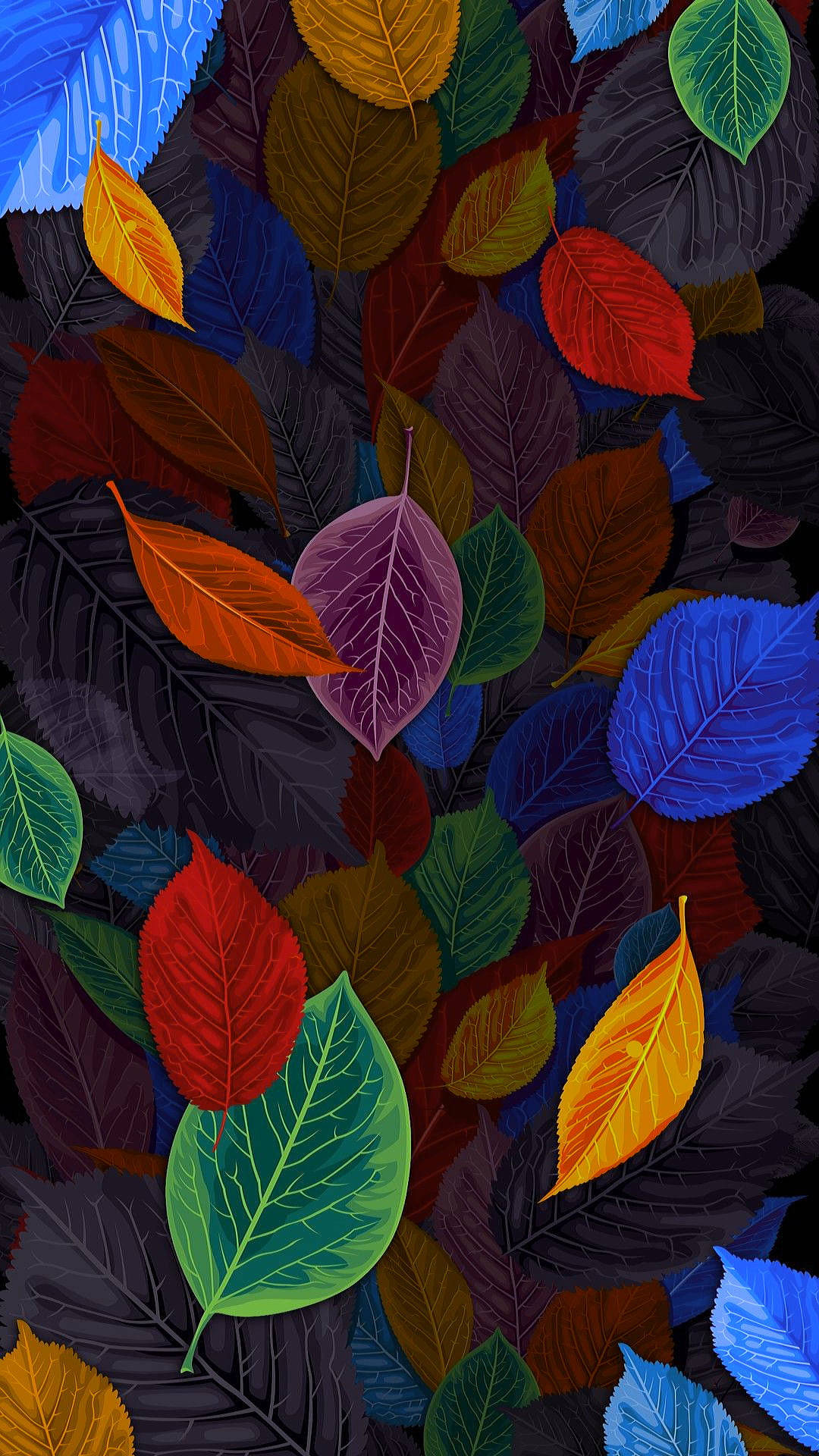 8K iPhone, multicolored leaves, dark background, Full HD Phone Wallpaper