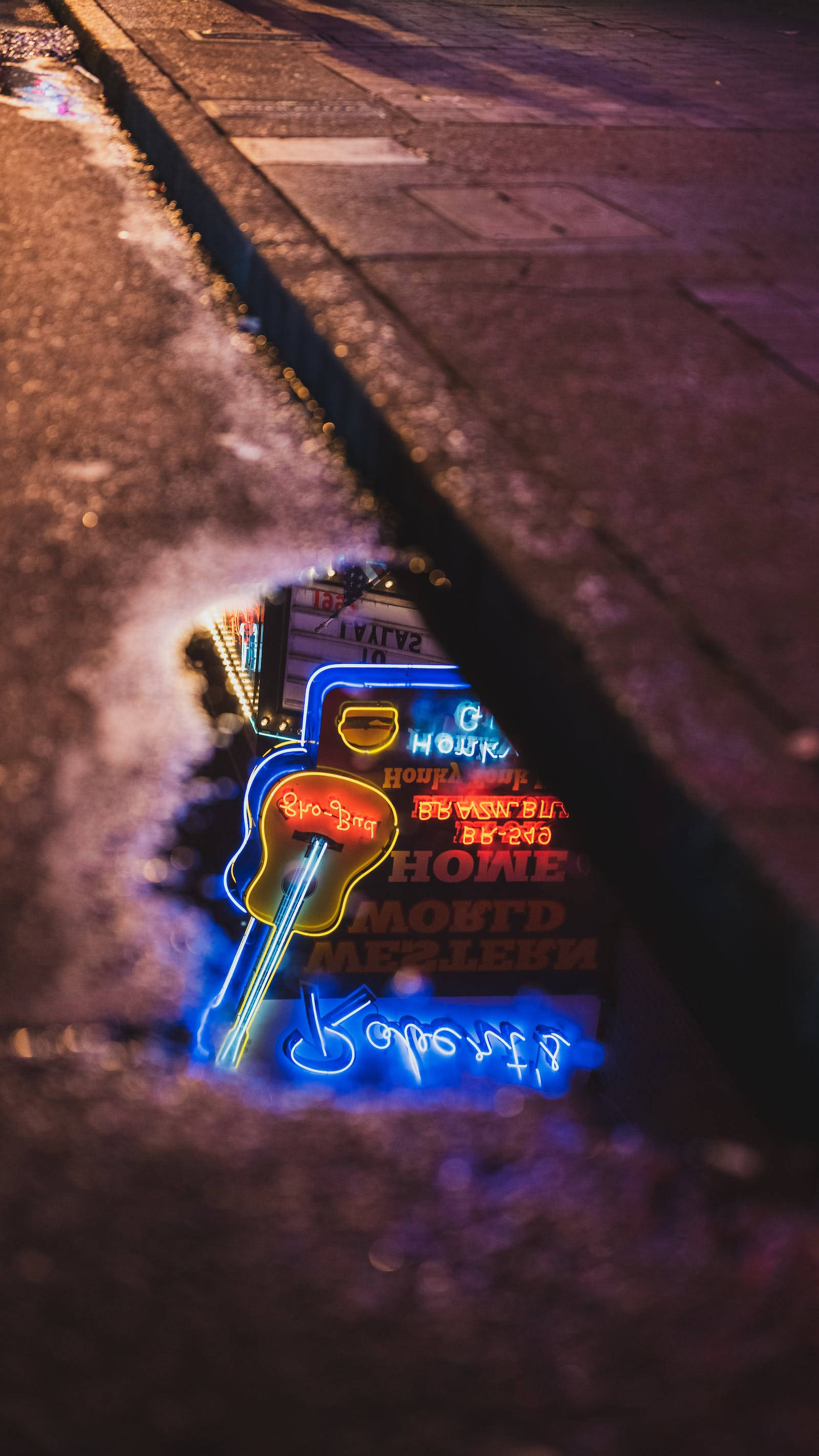 neon sign, guitar, puddle, 2K Phone Wallpaper
