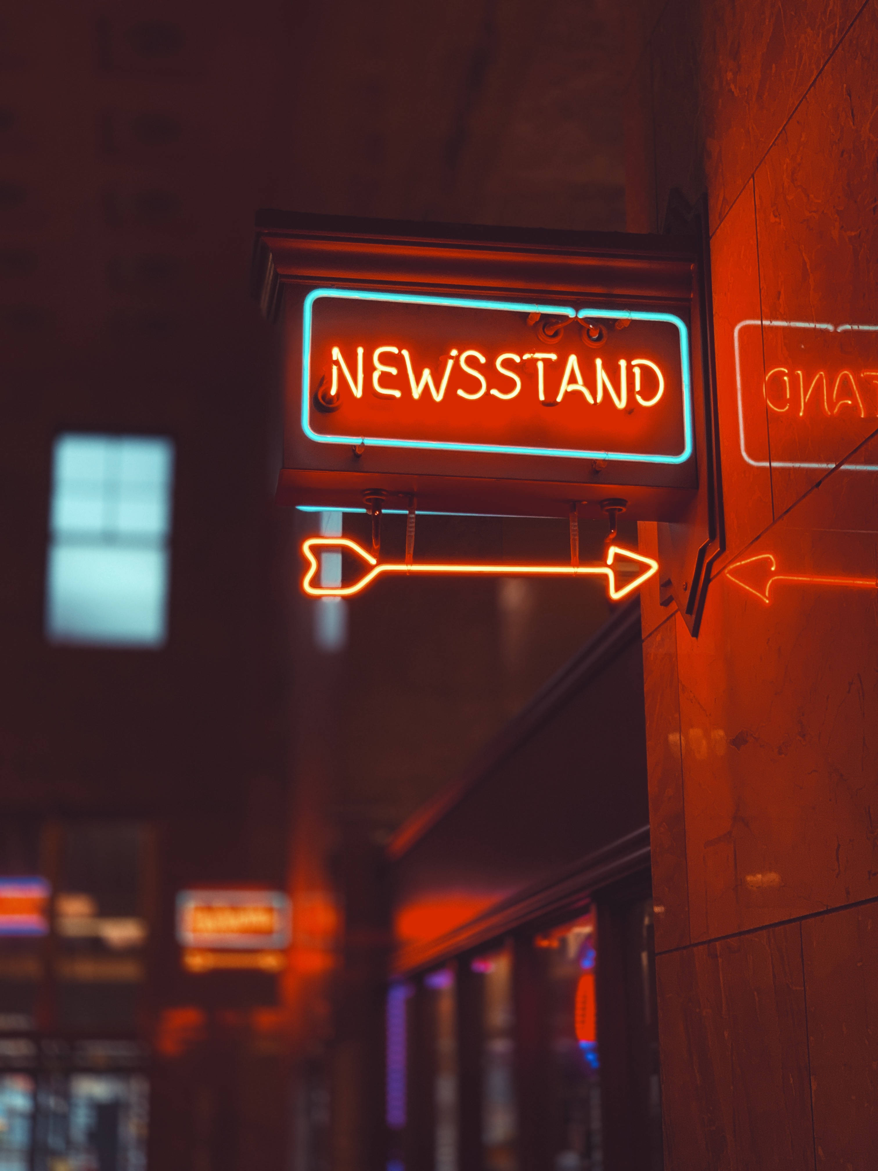 Neon iPhone, newsstand, arrow points right, 4K Phone Wallpaper