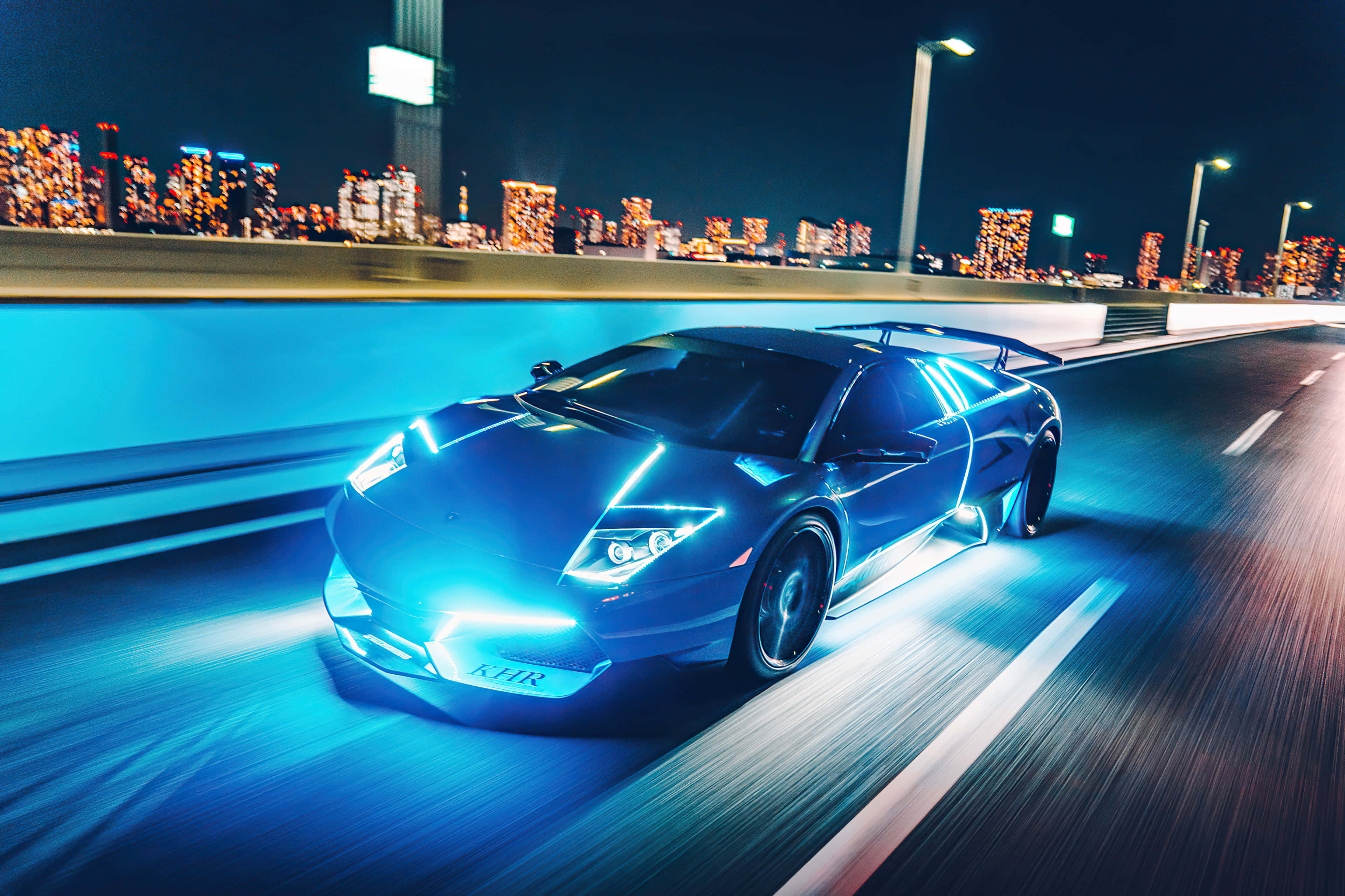 Neon Light Lamborghini, blue sports car, night, 4K Desktop Wallpaper