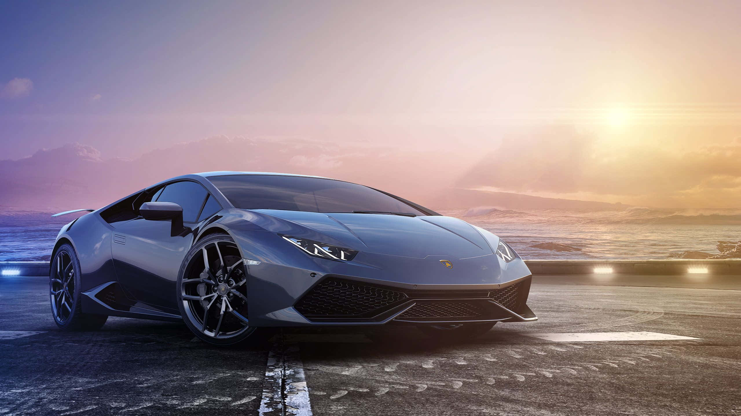 Lamborghini, silver, coastal road, 2K Desktop Wallpaper