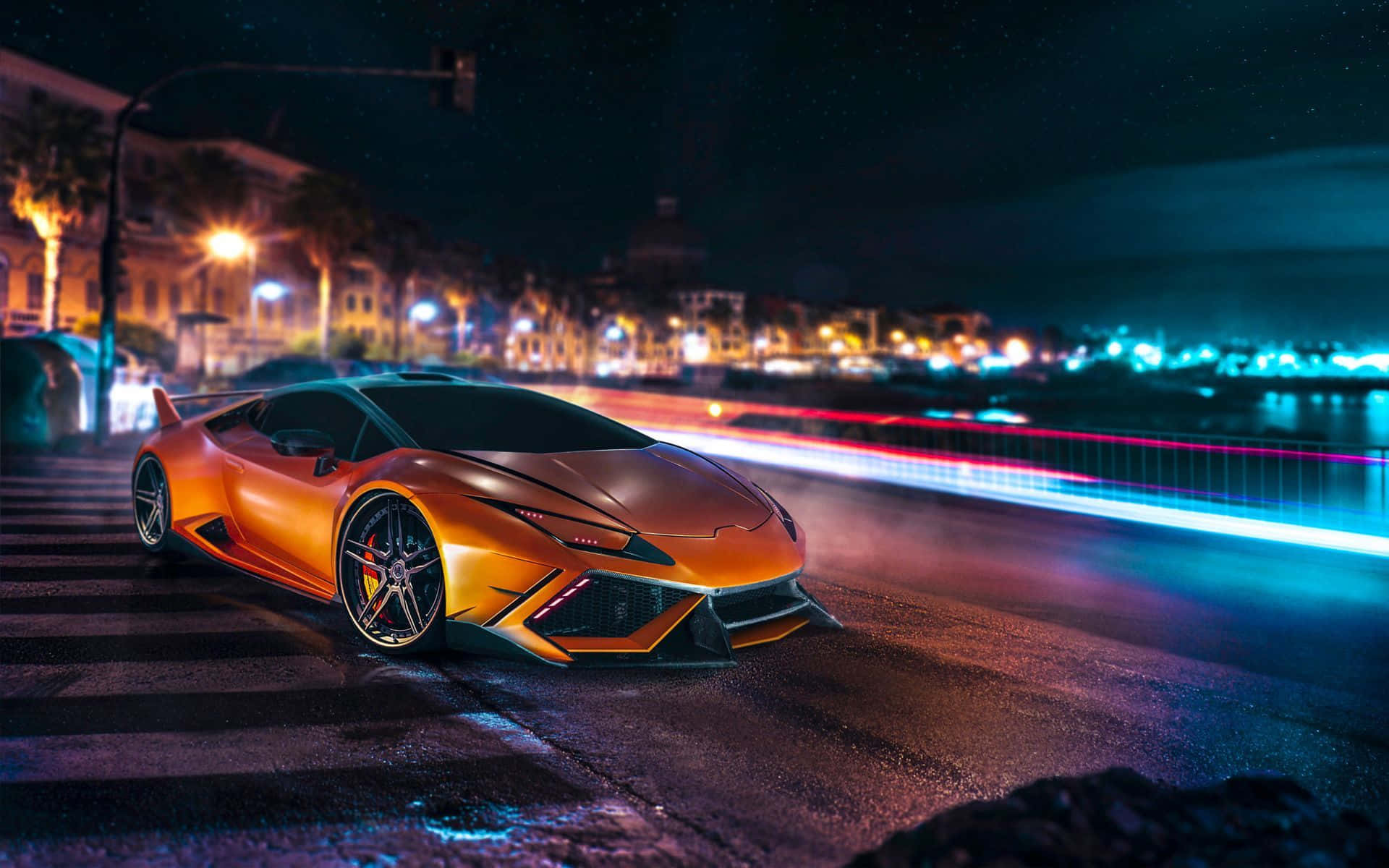 Neon Orange Lamborghini, glowing orange sports car, neon-lit city street, Full HD Desktop Wallpaper