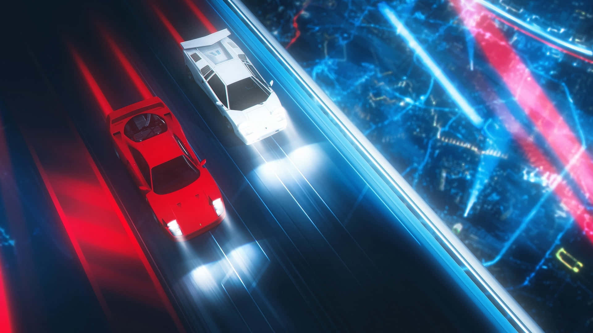 Neon Lamborghini, neon-lit highway, glowing red and blue light trails, Full HD Desktop Wallpaper
