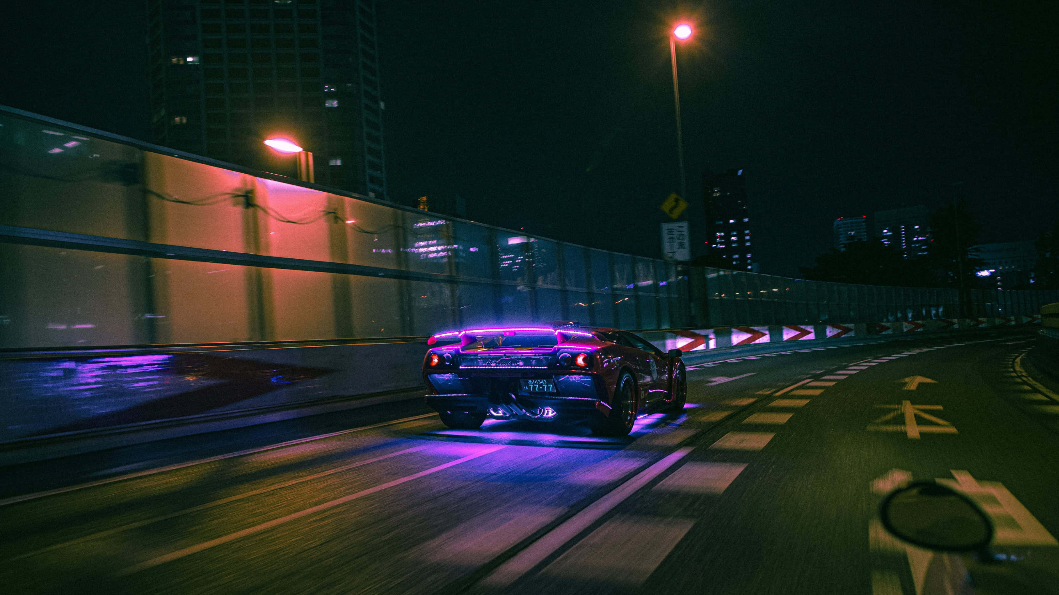 Neon Lamborghini, sports car, urban night street, 2K Desktop Wallpaper
