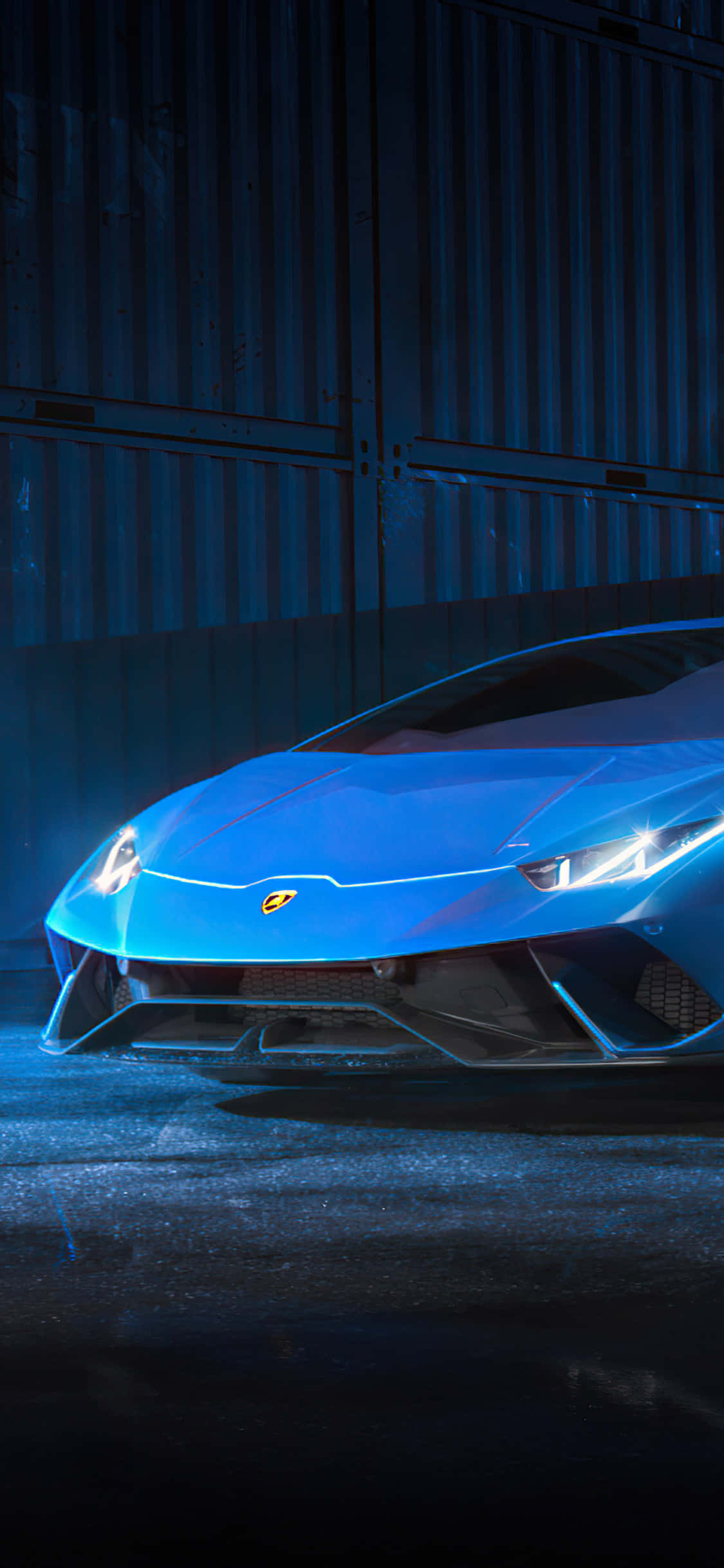 blue Lamborghini, neon lights, corrugated metal wall, Full HD Phone Wallpaper