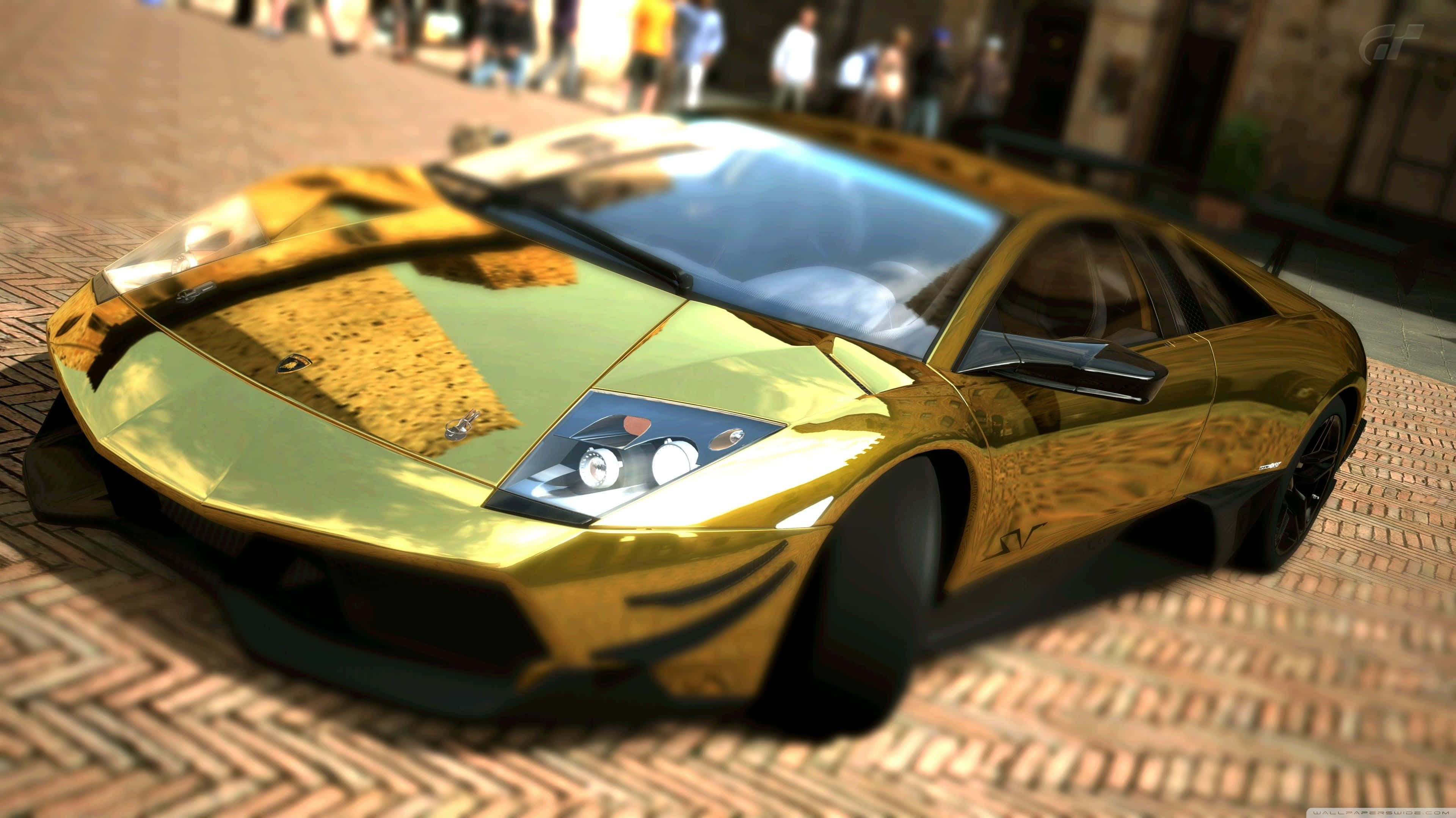 Lamborghini, gleaming gold, cobblestone street, 4K Desktop Wallpaper