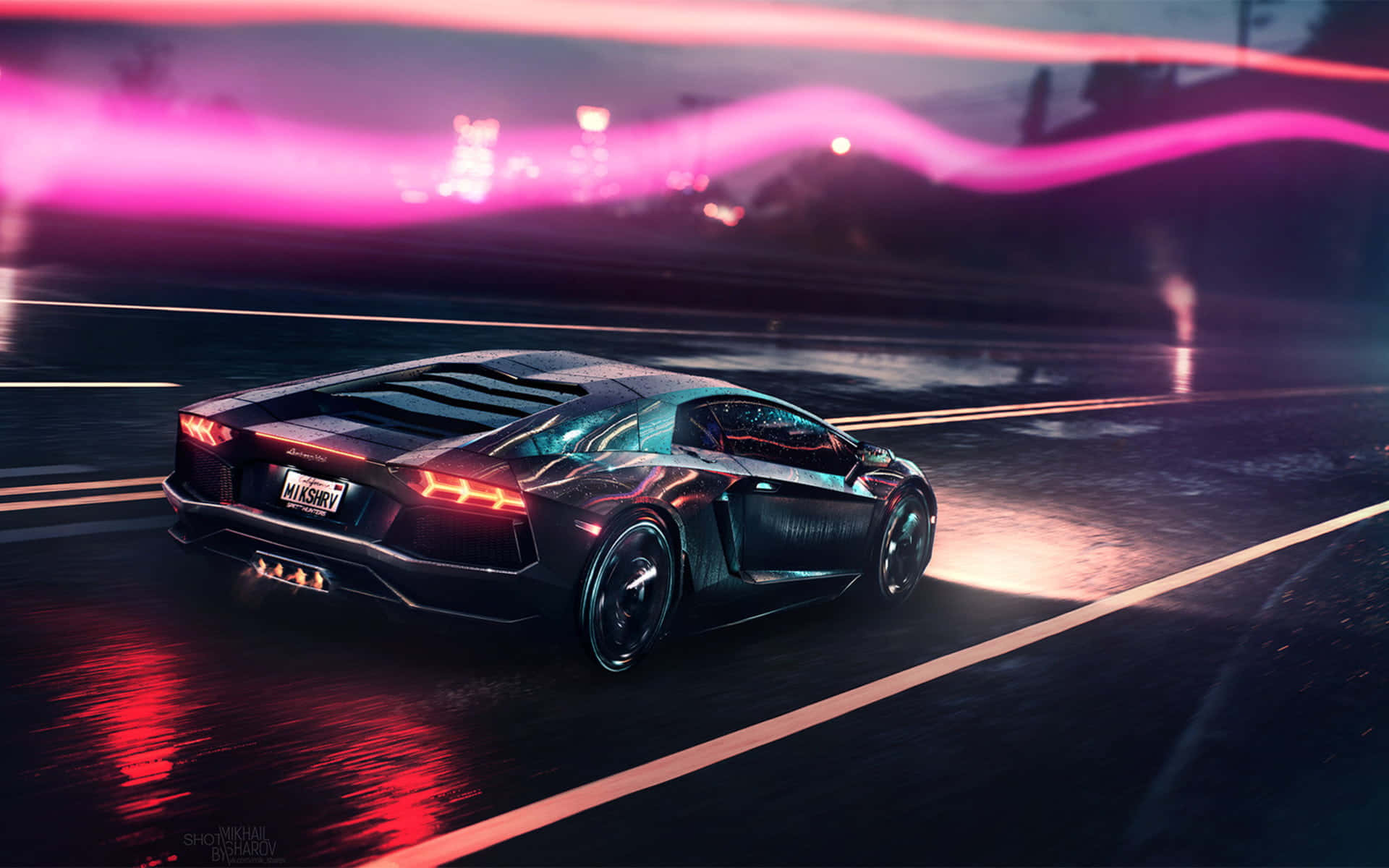Neon Lamborghini, black sports car, neon-drenched, Full HD Desktop Wallpaper