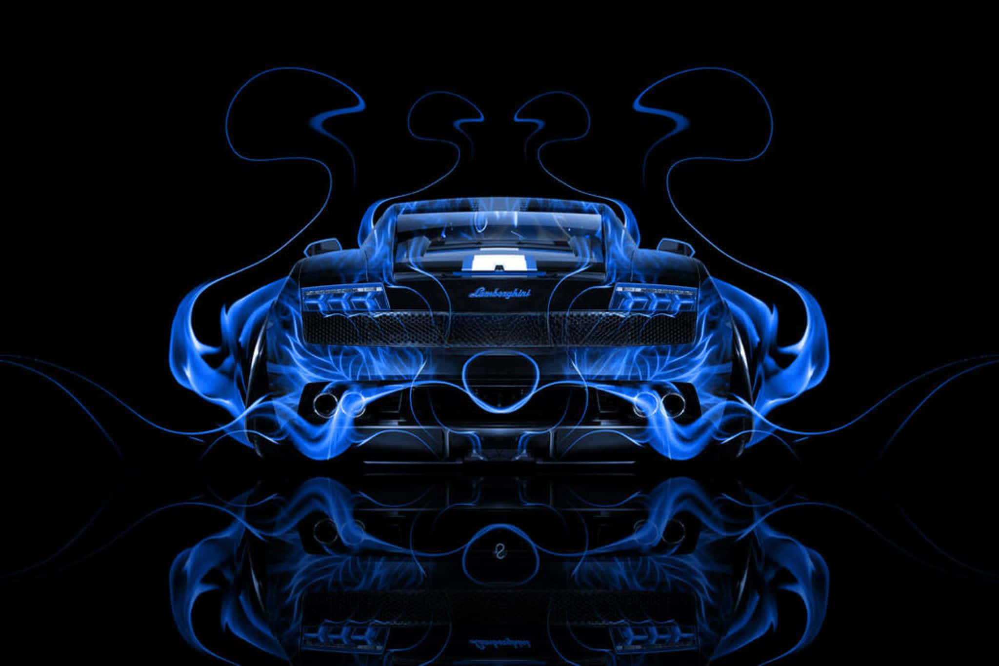 Neon Blue Lamborghini, swirling flame effects, reflective surface, Full HD Desktop Wallpaper