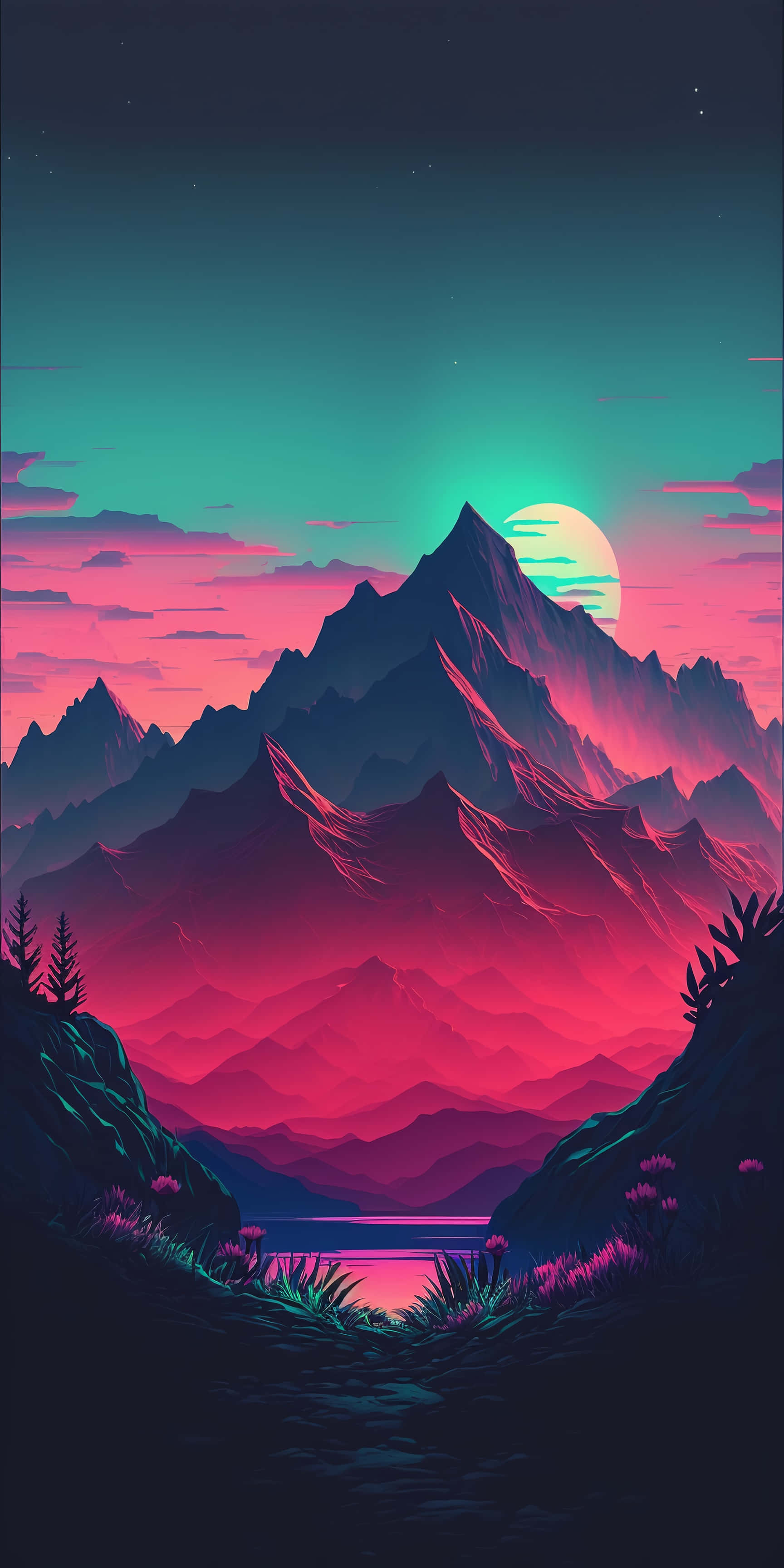 neon pink, teal sunset, glowing moon, 2K Phone Wallpaper