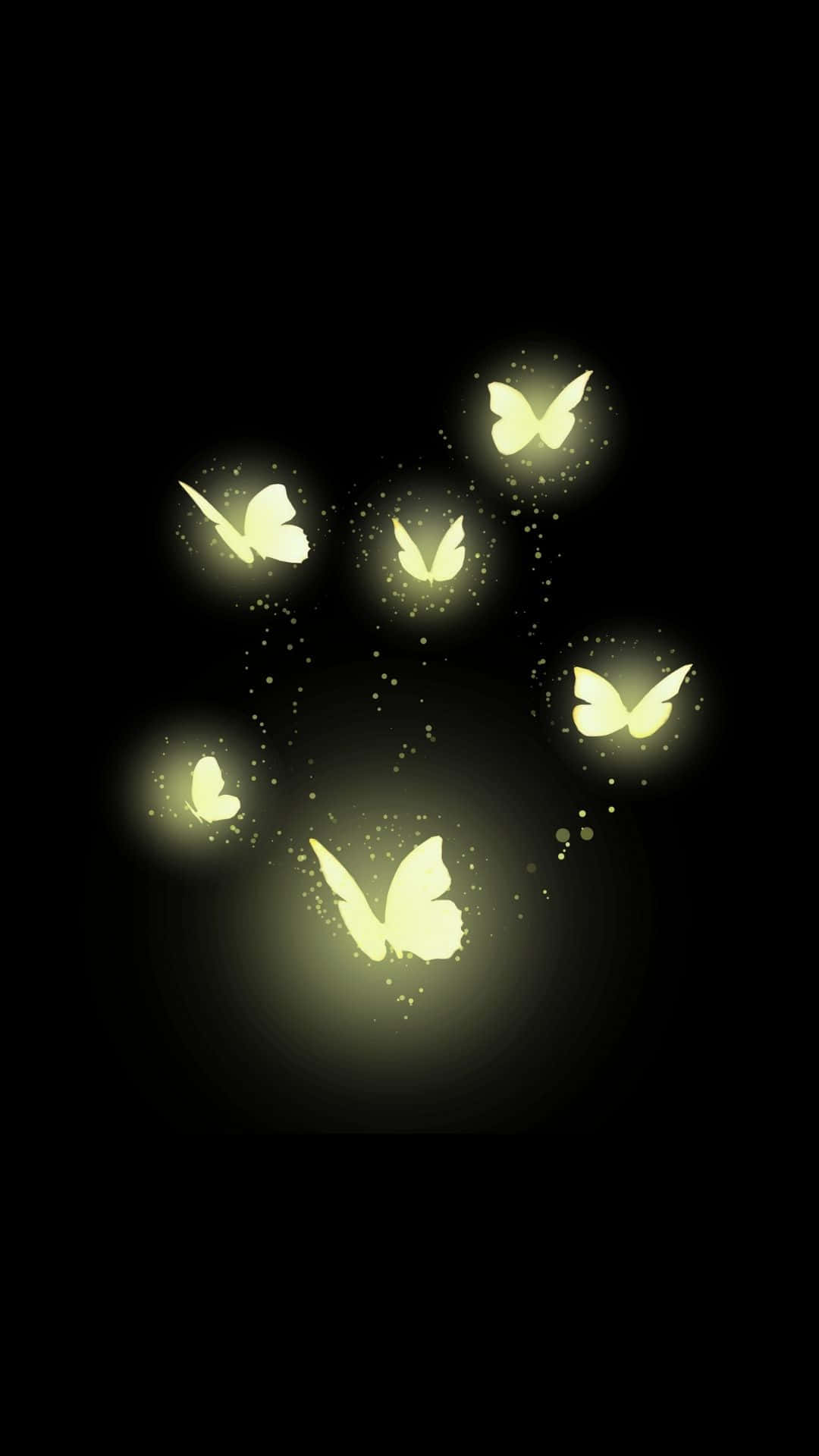 Glowing Neon Forest, glowing yellow butterflies, dark background, Full HD Phone Wallpaper