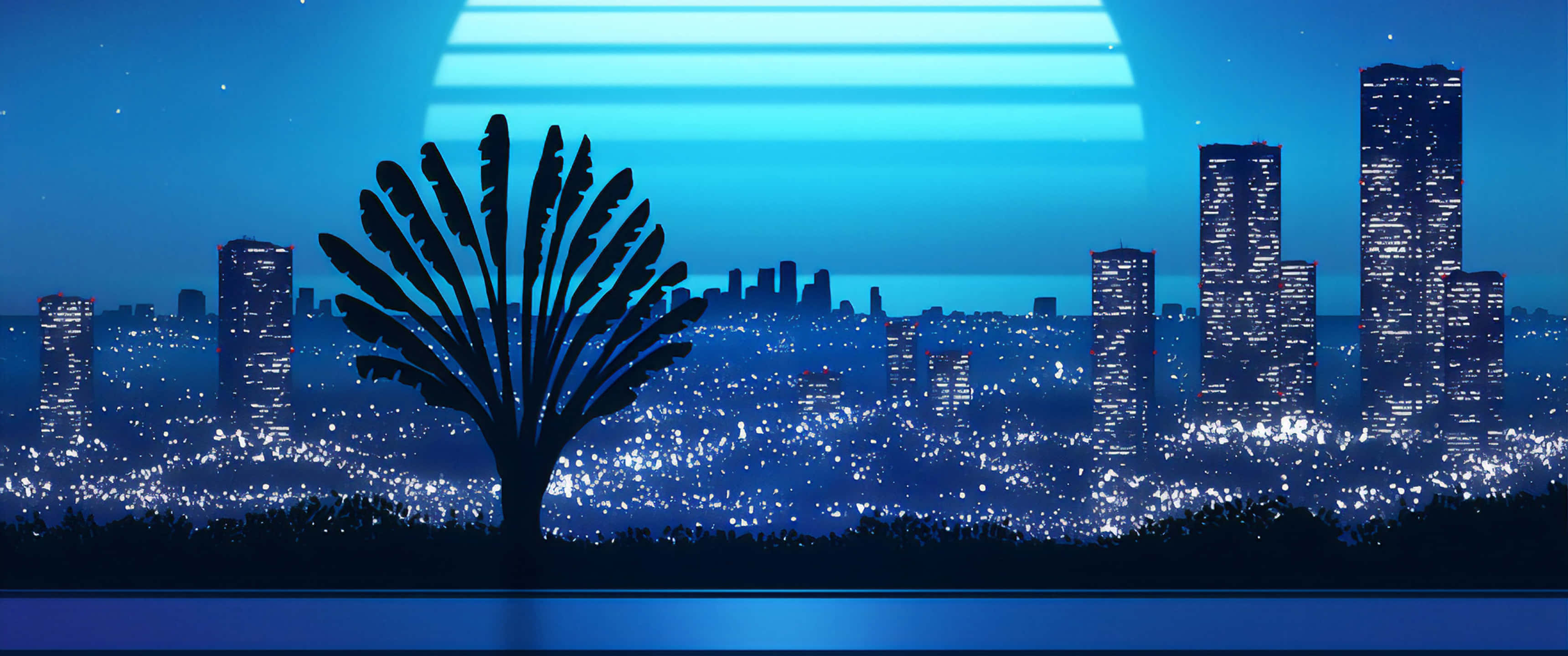 neon sun, glowing blue neon, palm tree silhouette, 2K Desktop Wallpaper